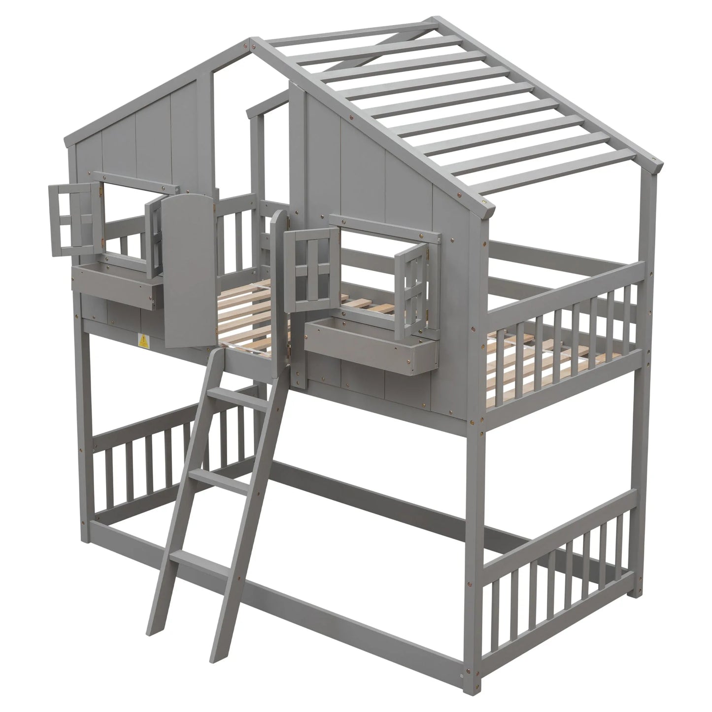 Grey Twin over Twin House Bunk Bed with Roof, Window, Box, and Door - Safety Guardrails and Ladder detail view 10