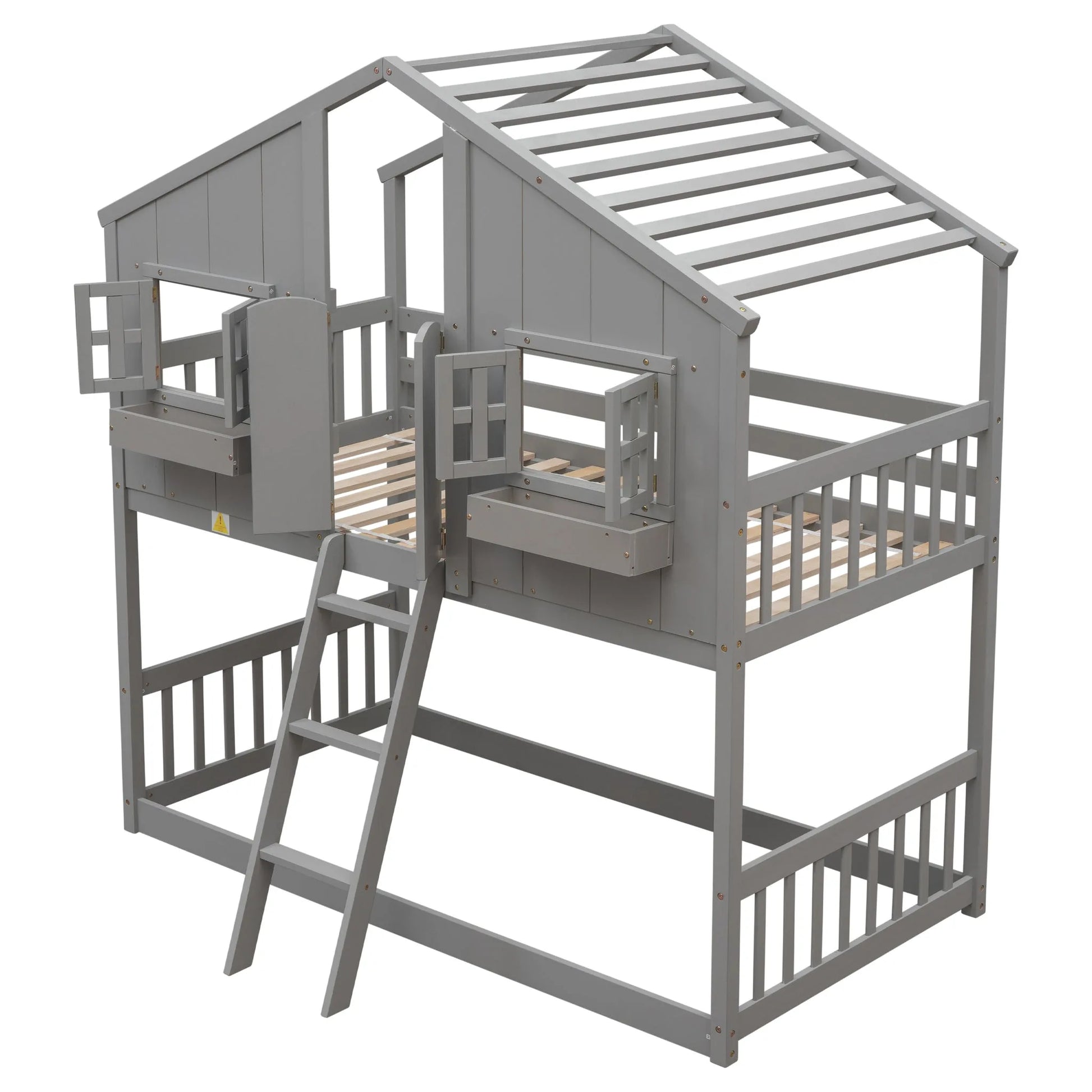 Grey Twin over Twin House Bunk Bed with Roof, Window, Box, and Door - Safety Guardrails and Ladder detail view 10