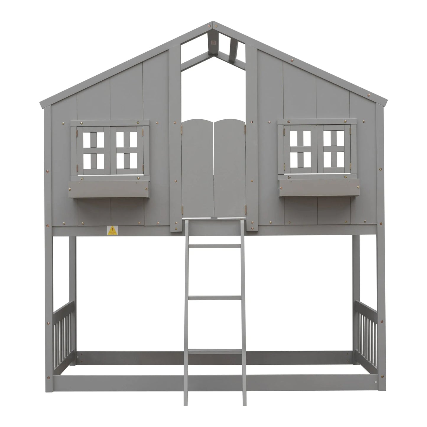 Grey Twin over Twin House Bunk Bed with Roof, Window, Box, and Door - Safety Guardrails and Ladder detail view 11