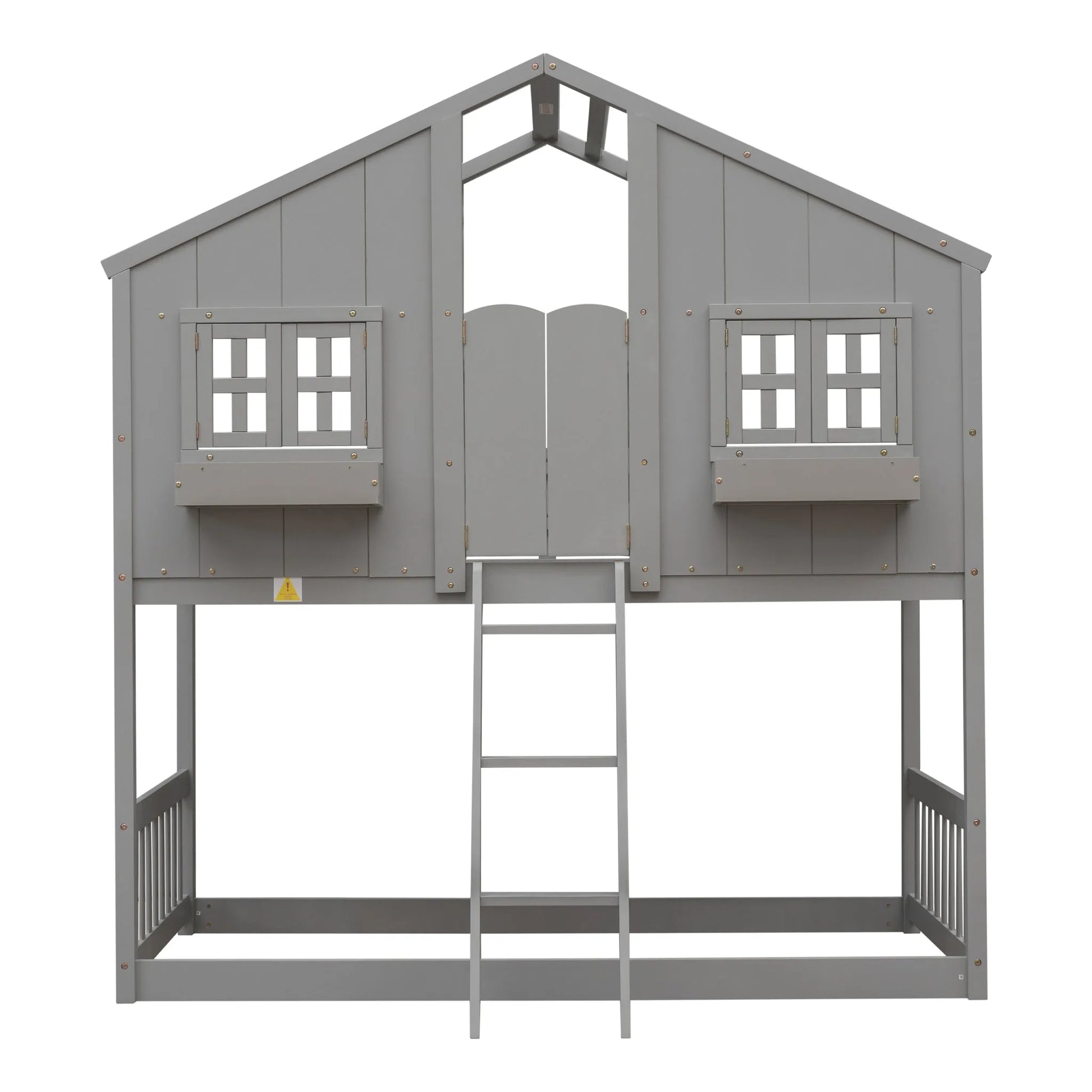 Grey Twin over Twin House Bunk Bed with Roof, Window, Box, and Door - Safety Guardrails and Ladder detail view 11