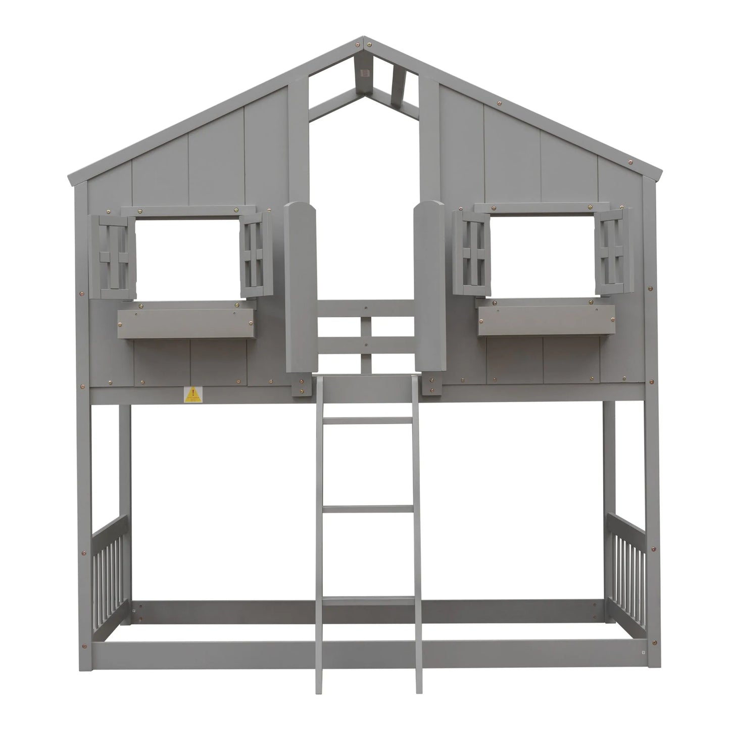 Grey Twin over Twin House Bunk Bed with Roof, Window, Box, and Door - Safety Guardrails and Ladder detail view 12
