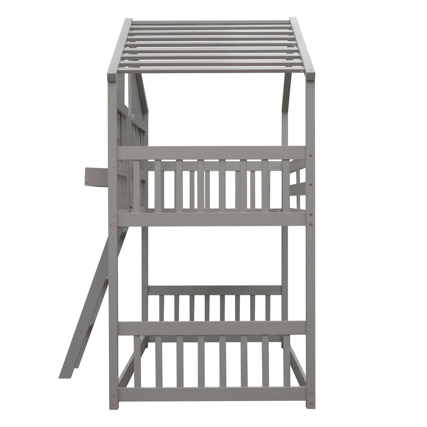 Grey Twin over Twin House Bunk Bed with Roof, Window, Box, and Door - Safety Guardrails and Ladder detail view 13