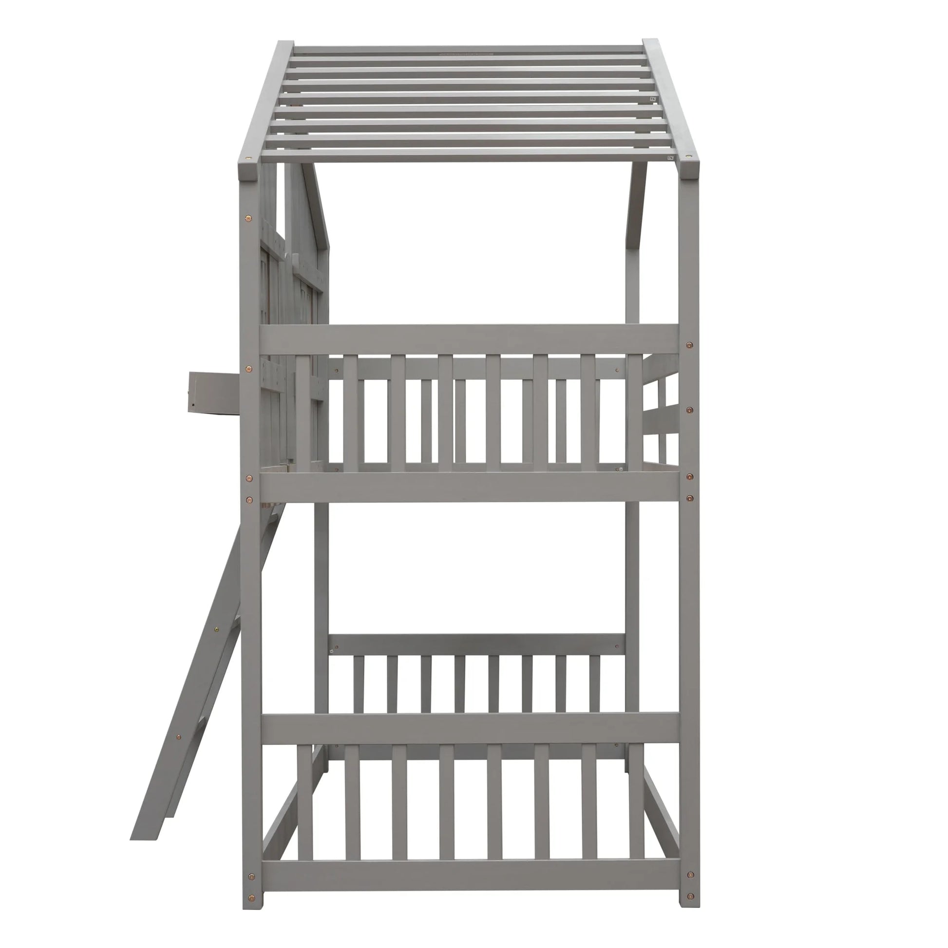 Grey Twin over Twin House Bunk Bed with Roof, Window, Box, and Door - Safety Guardrails and Ladder detail view 13
