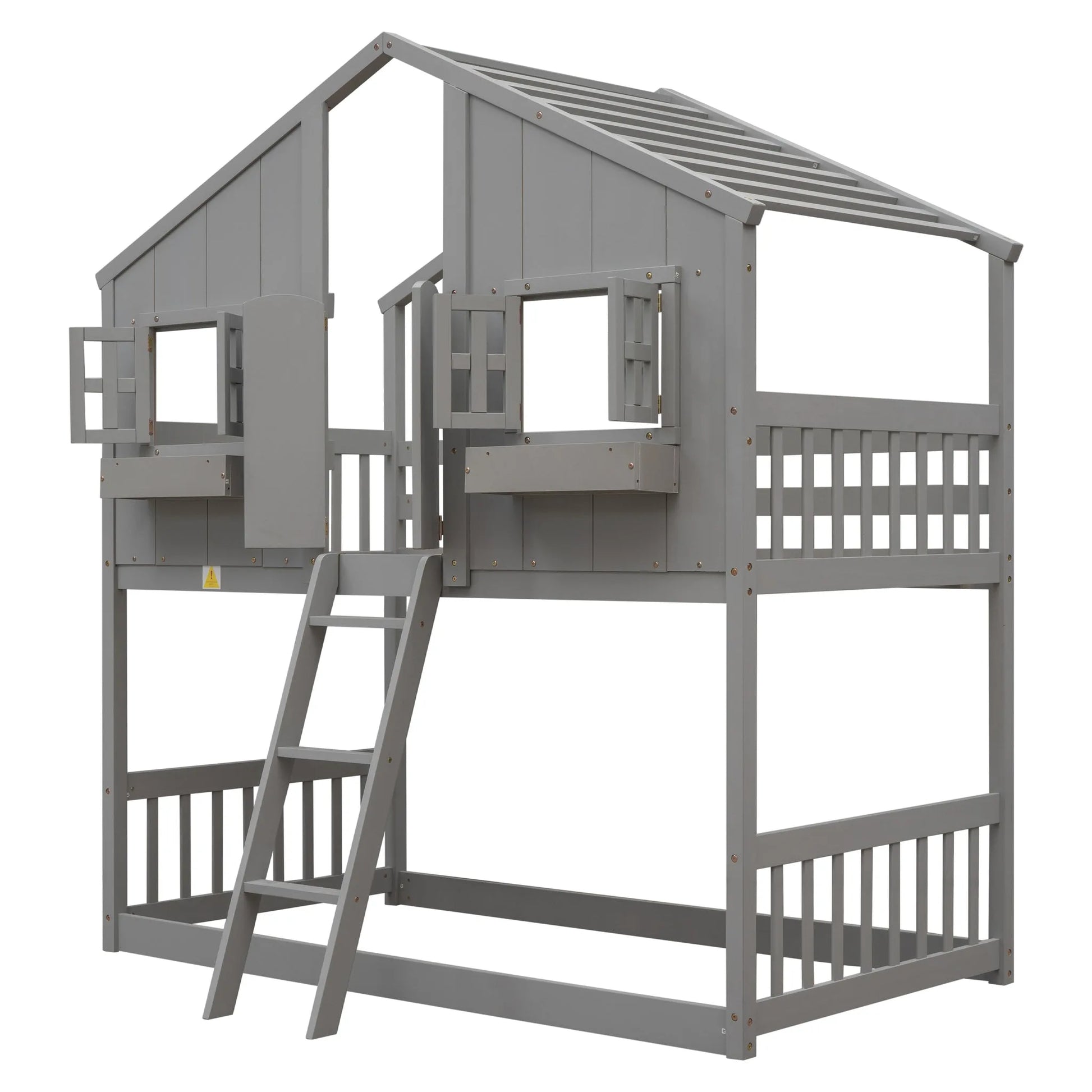Grey Twin over Twin House Bunk Bed with Roof, Window, Box, and Door - Safety Guardrails and Ladder detail view 14