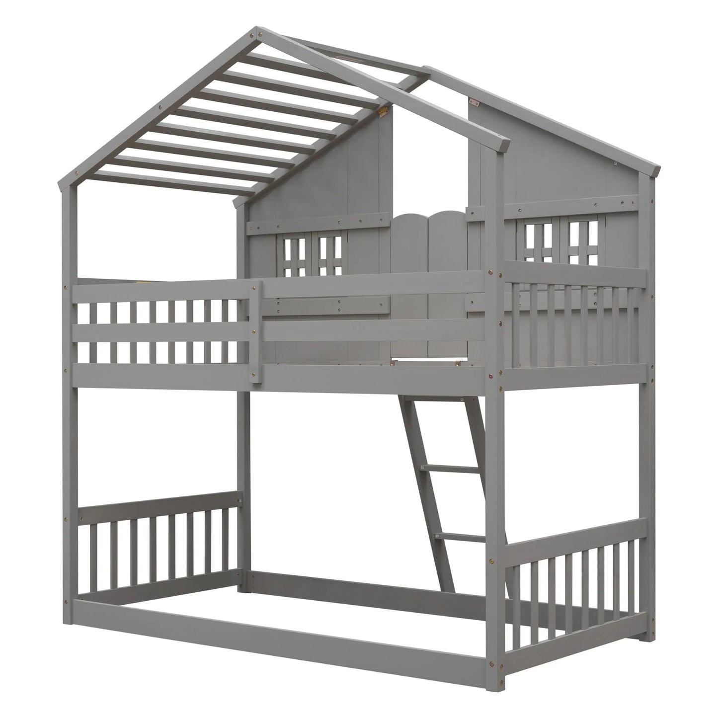 Grey Twin over Twin House Bunk Bed with Roof, Window, Box, and Door - Safety Guardrails and Ladder detail view 15