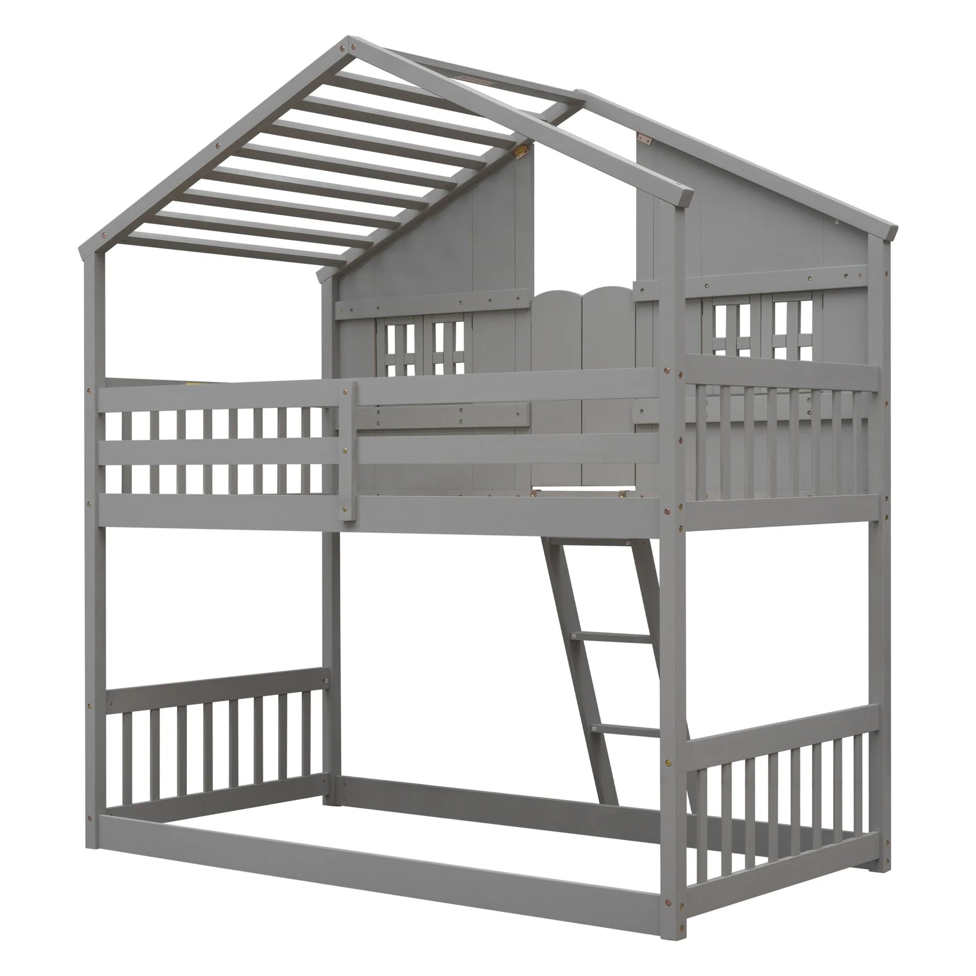 Grey Twin over Twin House Bunk Bed with Roof, Window, Box, and Door - Safety Guardrails and Ladder detail view 15