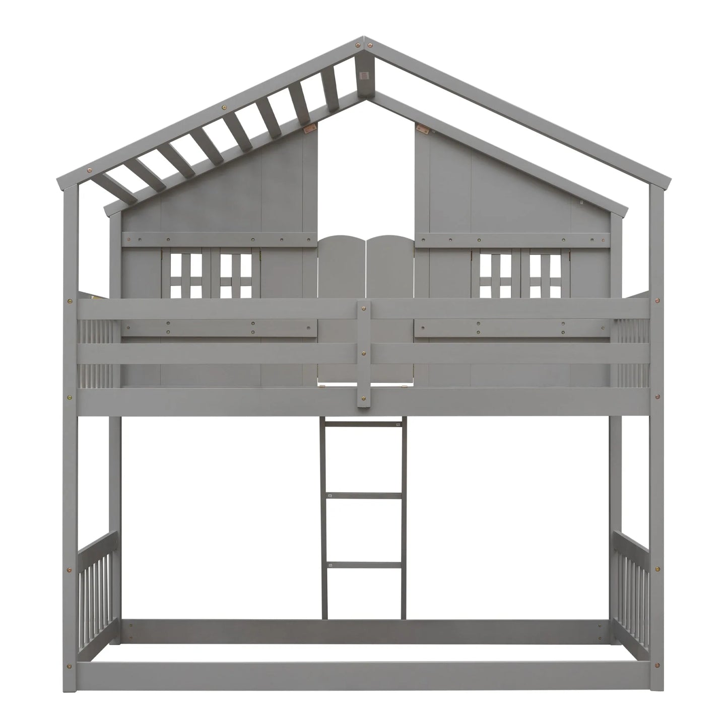 Grey Twin over Twin House Bunk Bed with Roof, Window, Box, and Door - Safety Guardrails and Ladder detail view 16