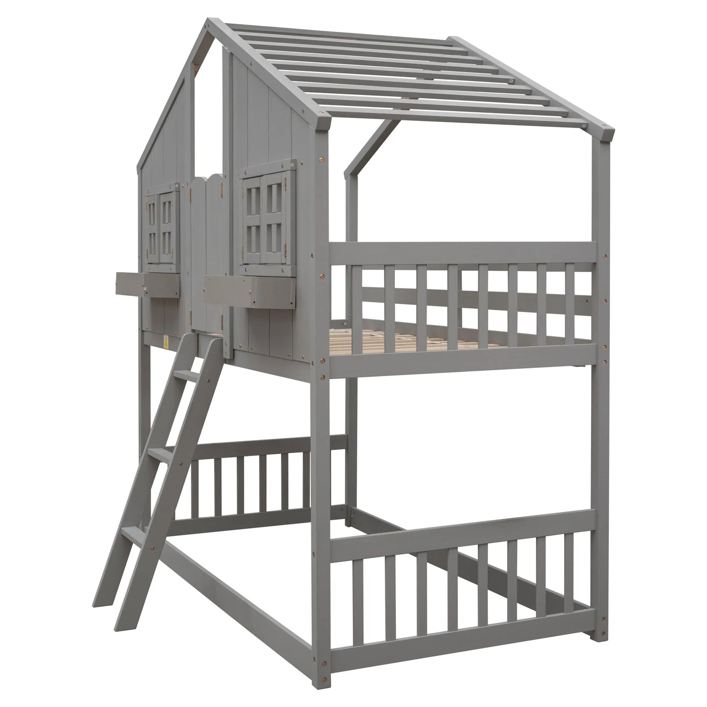Grey Twin over Twin House Bunk Bed with Roof, Window, Box, and Door - Safety Guardrails and Ladder detail view 18