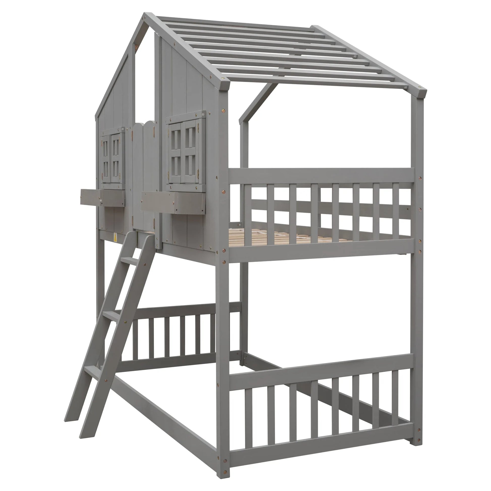 Grey Twin over Twin House Bunk Bed with Roof, Window, Box, and Door - Safety Guardrails and Ladder detail view 18
