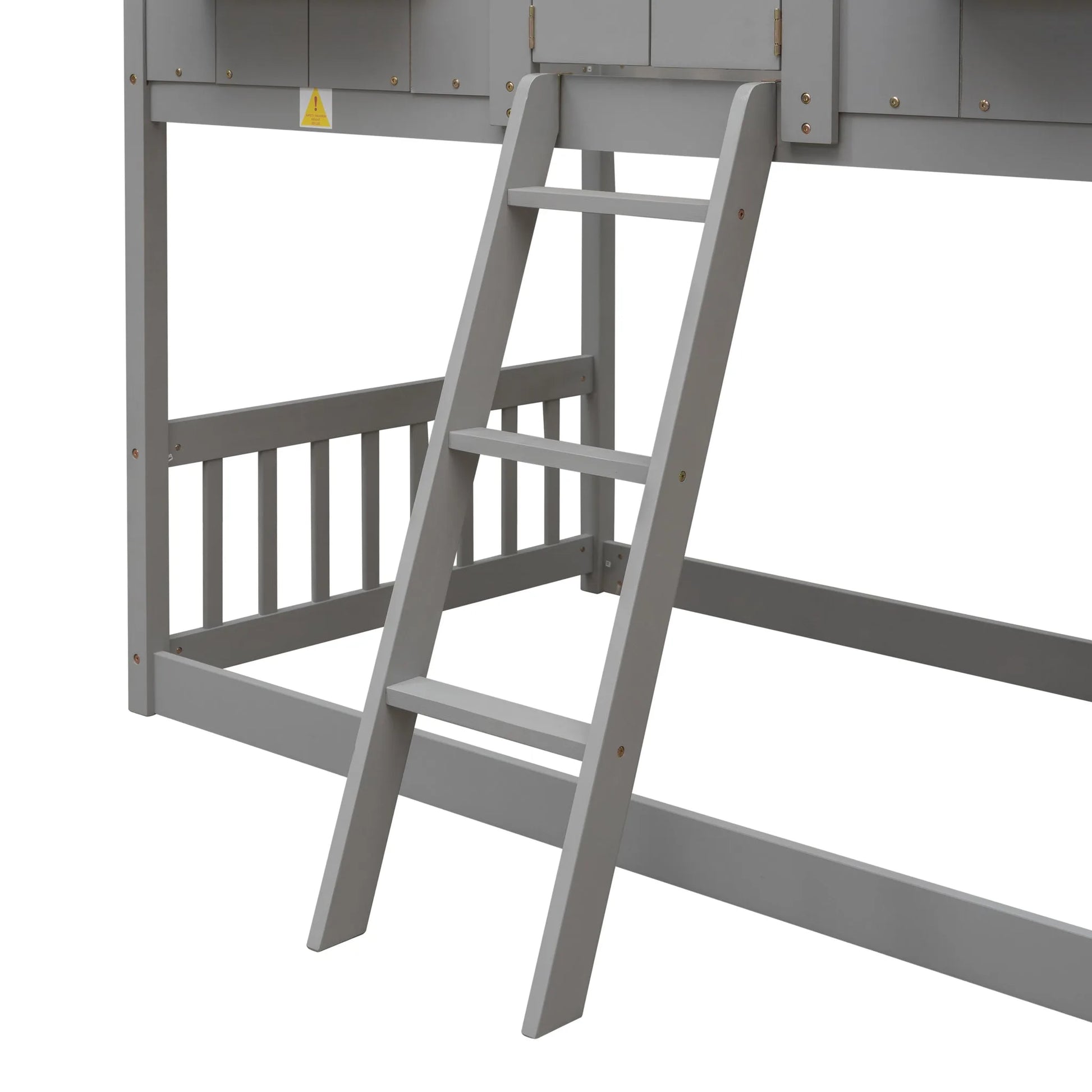 Grey Twin over Twin House Bunk Bed with Roof, Window, Box, and Door - Safety Guardrails and Ladder detail view 19