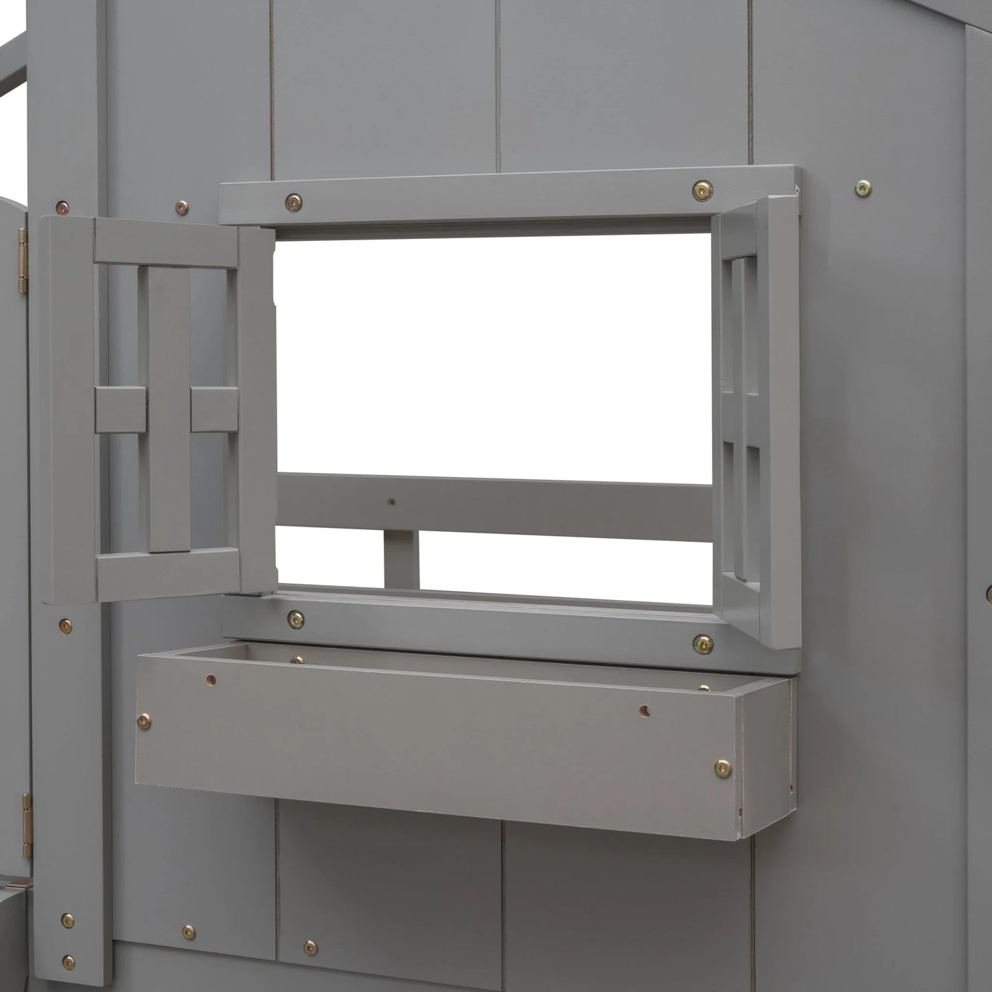 Grey Twin over Twin House Bunk Bed with Roof, Window, Box, and Door - Safety Guardrails and Ladder detail view 20