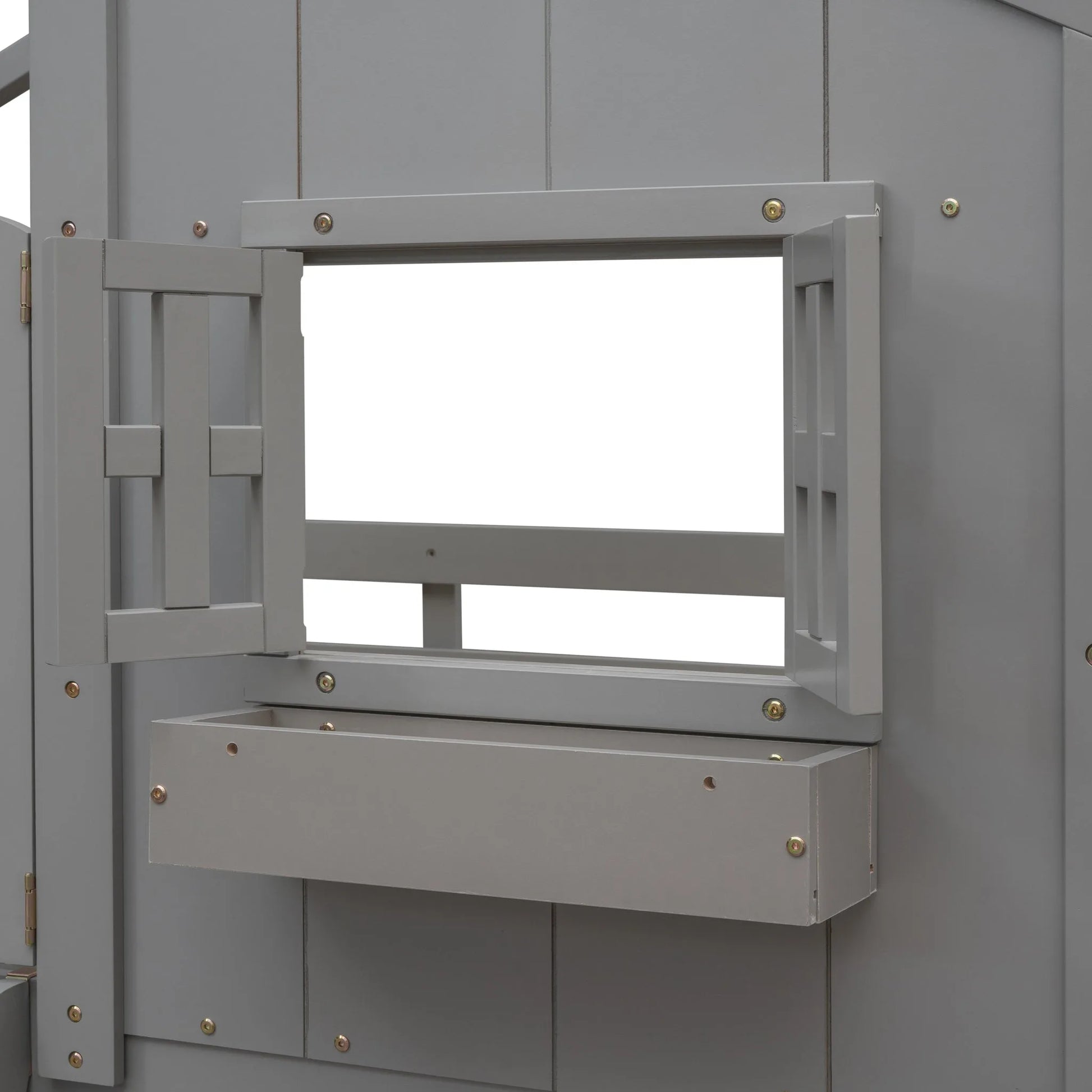 Grey Twin over Twin House Bunk Bed with Roof, Window, Box, and Door - Safety Guardrails and Ladder detail view 20