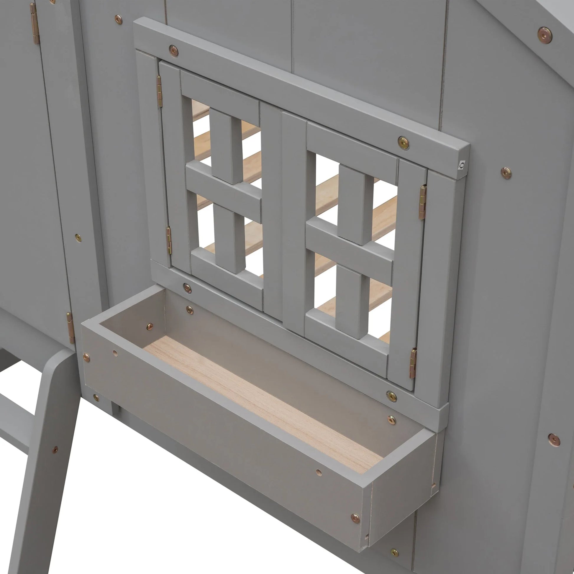 Grey Twin over Twin House Bunk Bed with Roof, Window, Box, and Door - Safety Guardrails and Ladder detail view 21