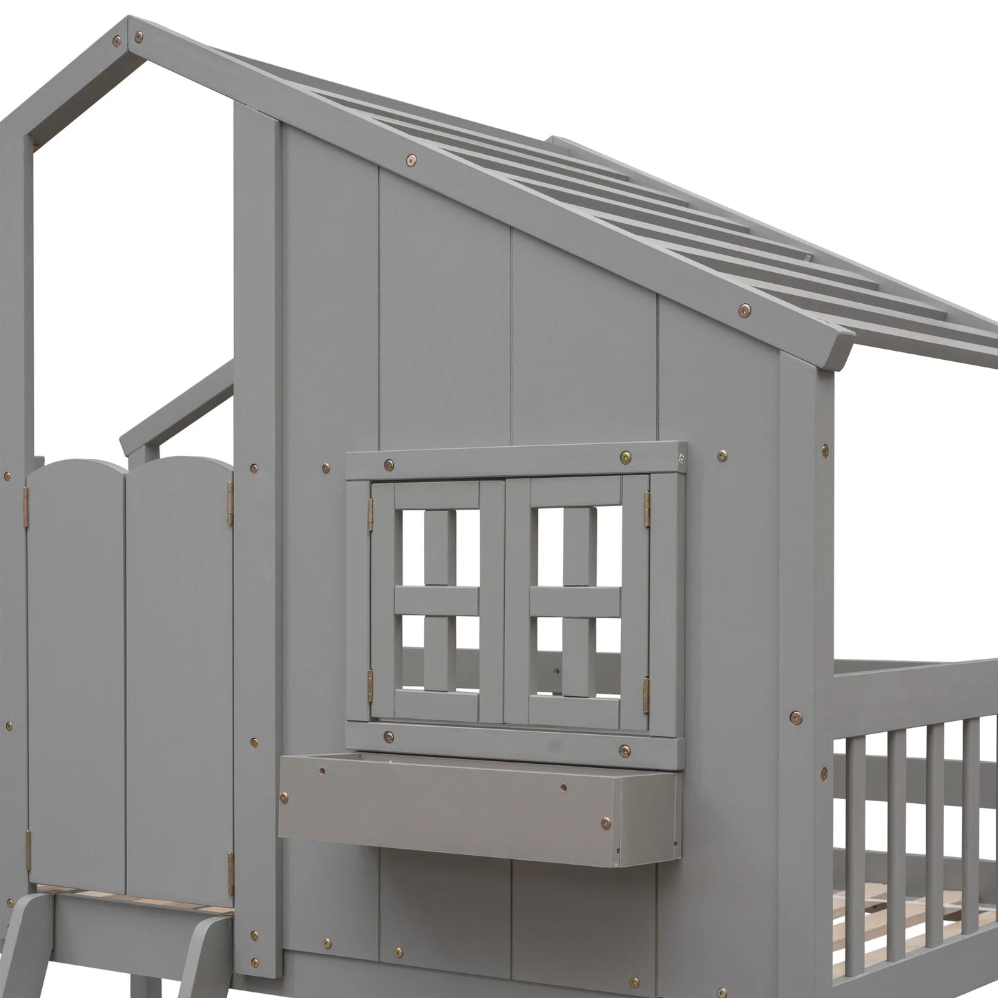 Grey Twin over Twin House Bunk Bed with Roof, Window, Box, and Door - Safety Guardrails and Ladder detail view 22