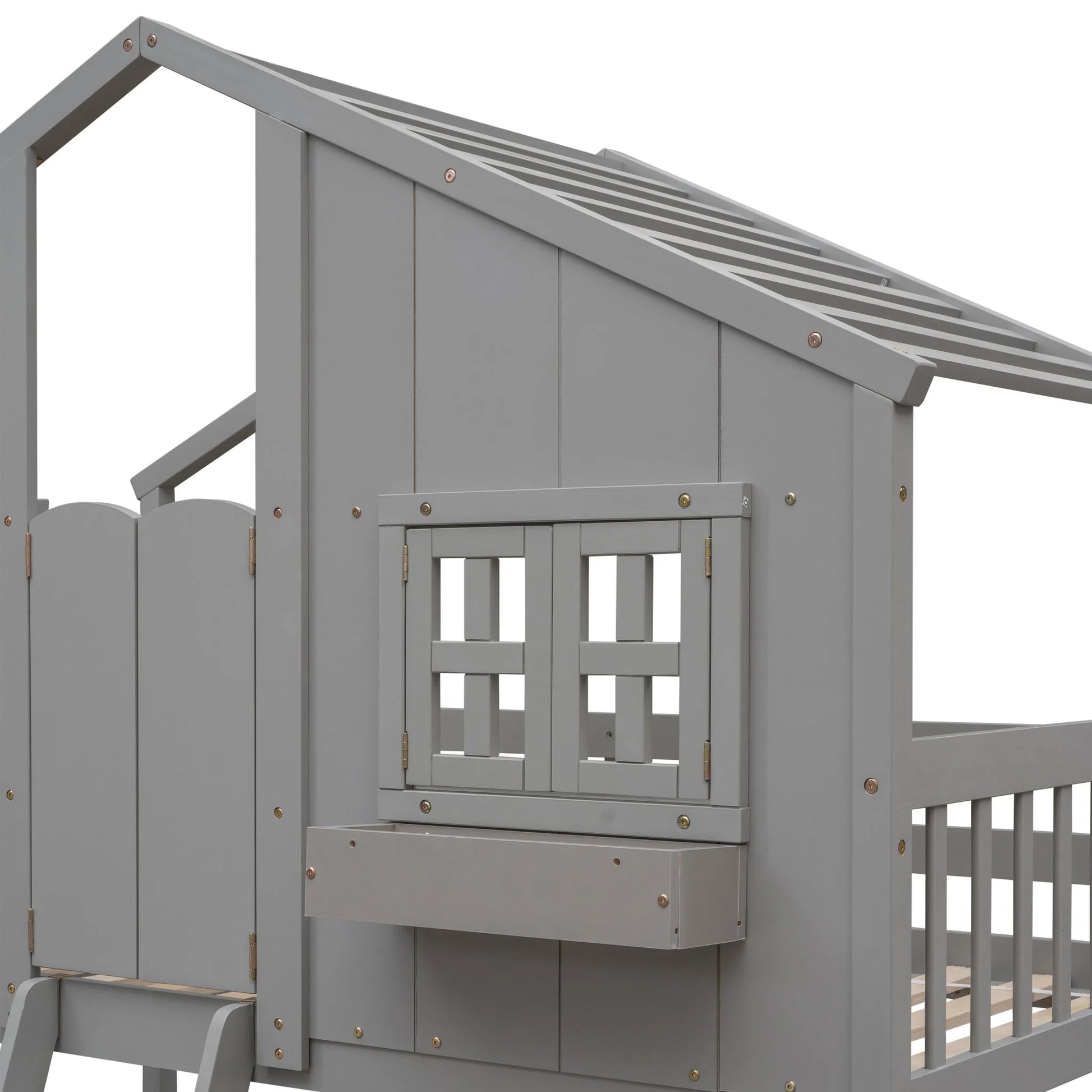 Grey Twin over Twin House Bunk Bed with Roof, Window, Box, and Door - Safety Guardrails and Ladder detail view 22