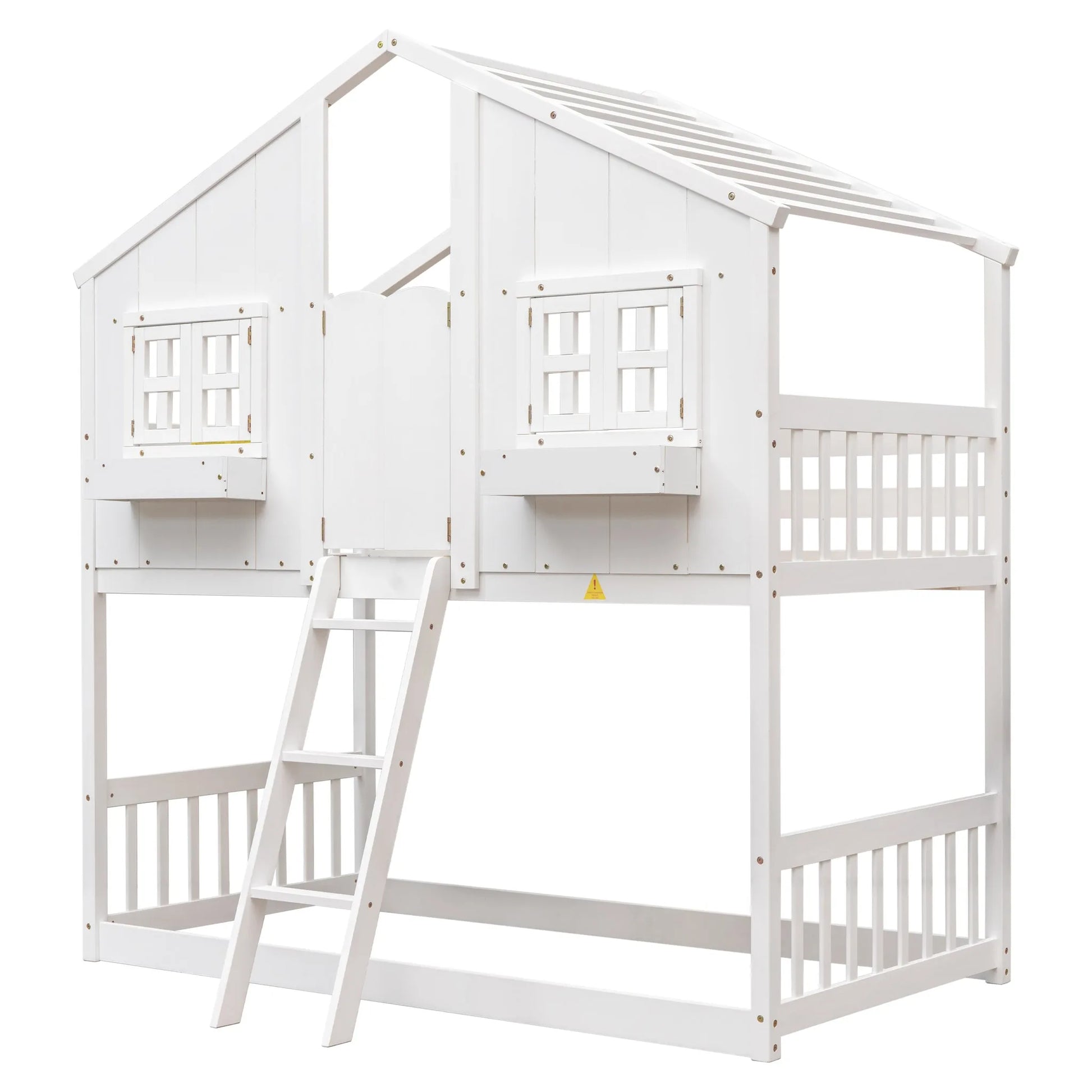 Grey Twin over Twin House Bunk Bed with Roof, Window, Box, and Door - Safety Guardrails and Ladder detail view 23