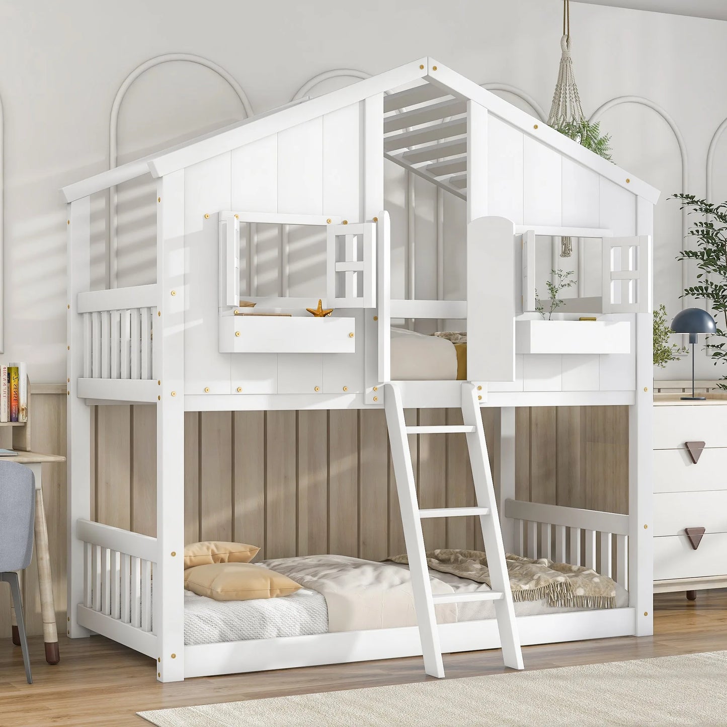 Grey Twin over Twin House Bunk Bed with Roof, Window, Box, and Door - Safety Guardrails and Ladder detail view 24