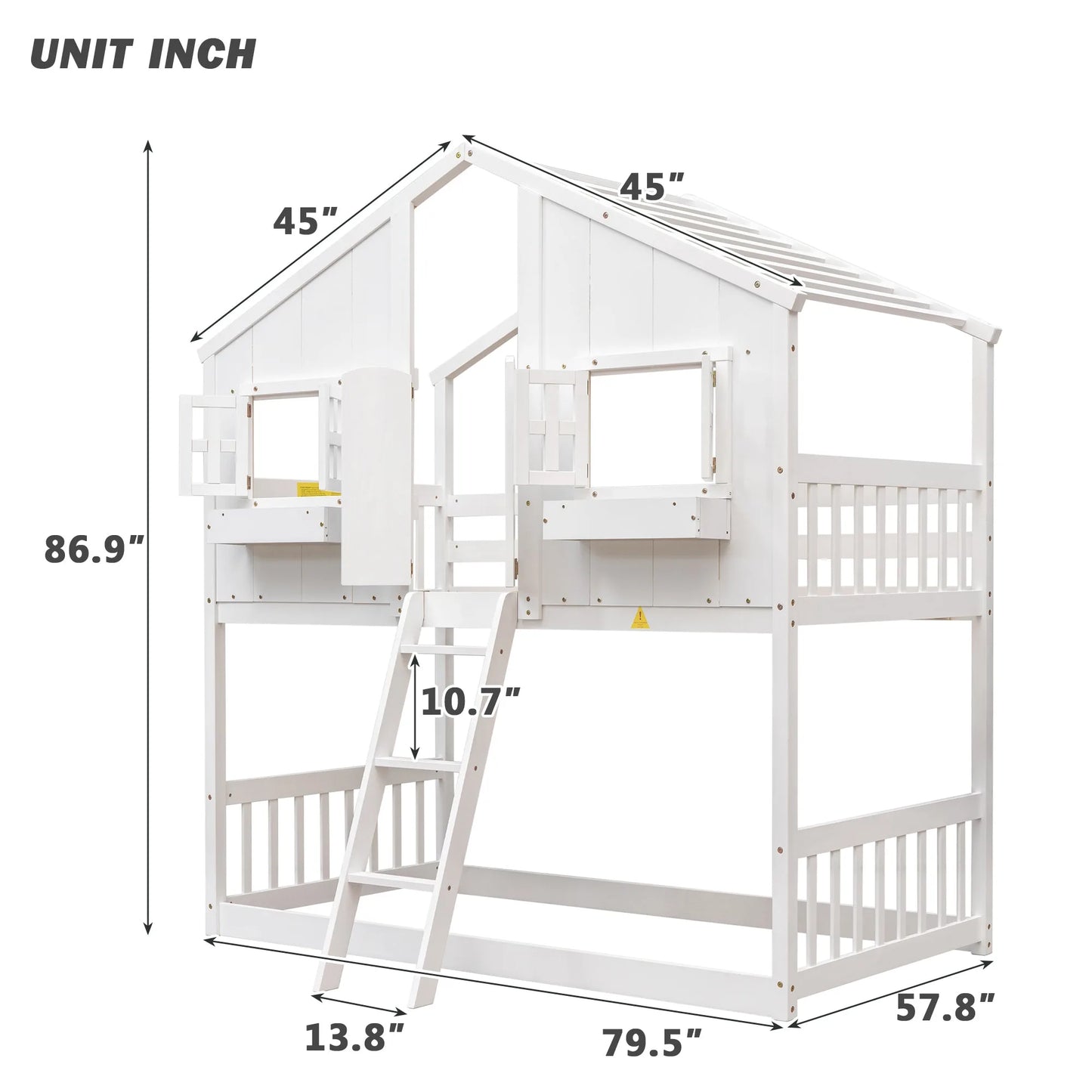 Grey Twin over Twin House Bunk Bed with Roof, Window, Box, and Door - Safety Guardrails and Ladder detail view 25