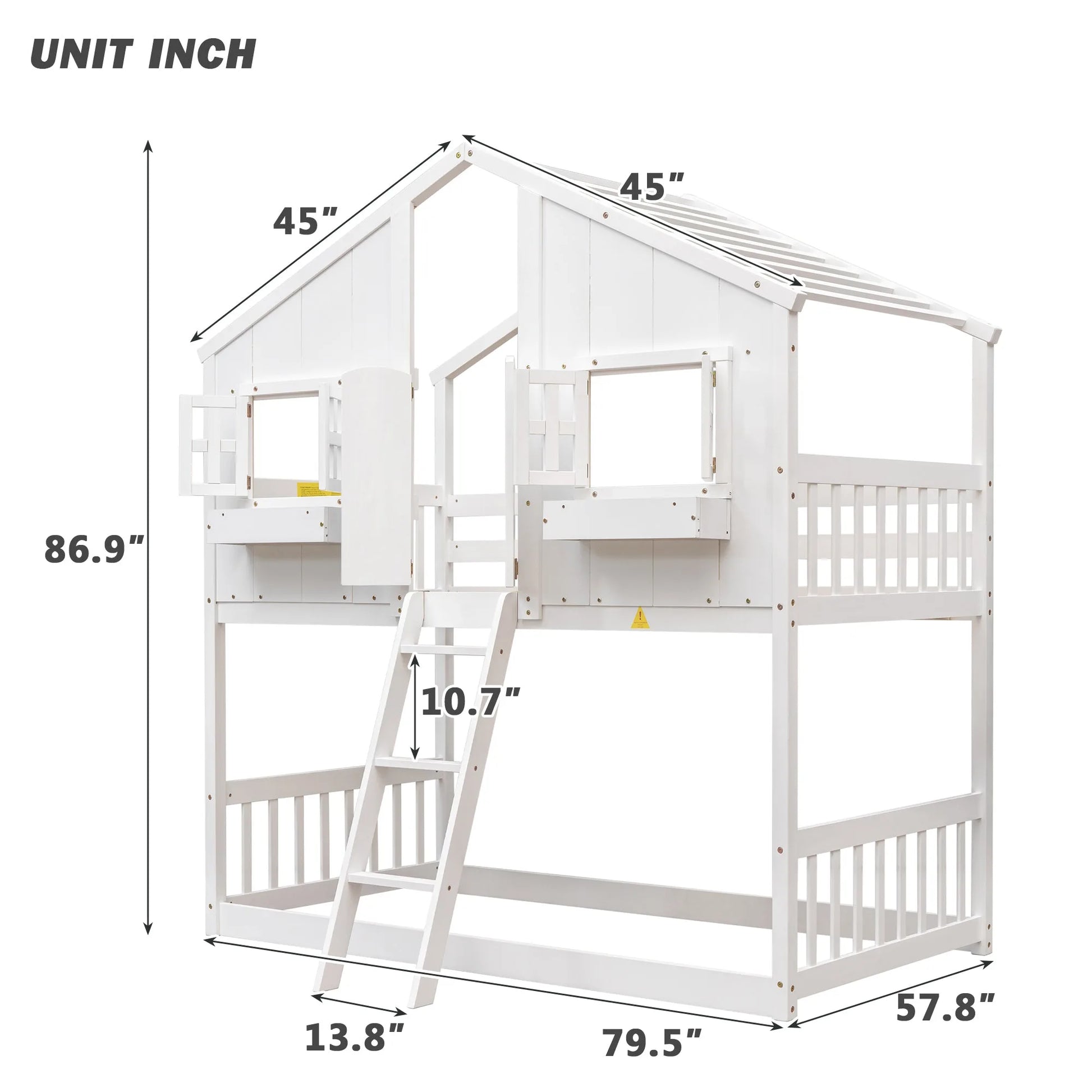 Grey Twin over Twin House Bunk Bed with Roof, Window, Box, and Door - Safety Guardrails and Ladder detail view 25