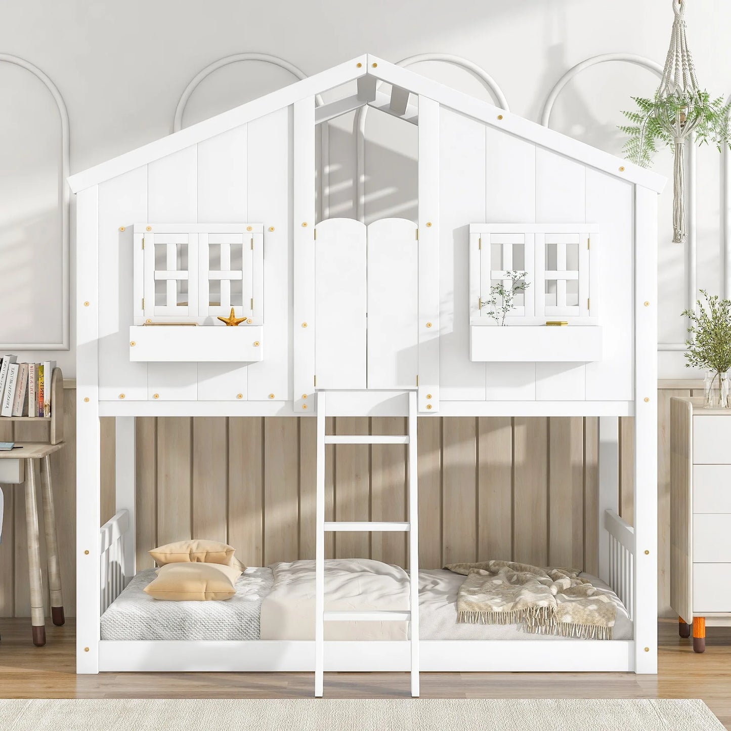 Grey Twin over Twin House Bunk Bed with Roof, Window, Box, and Door - Safety Guardrails and Ladder detail view 26