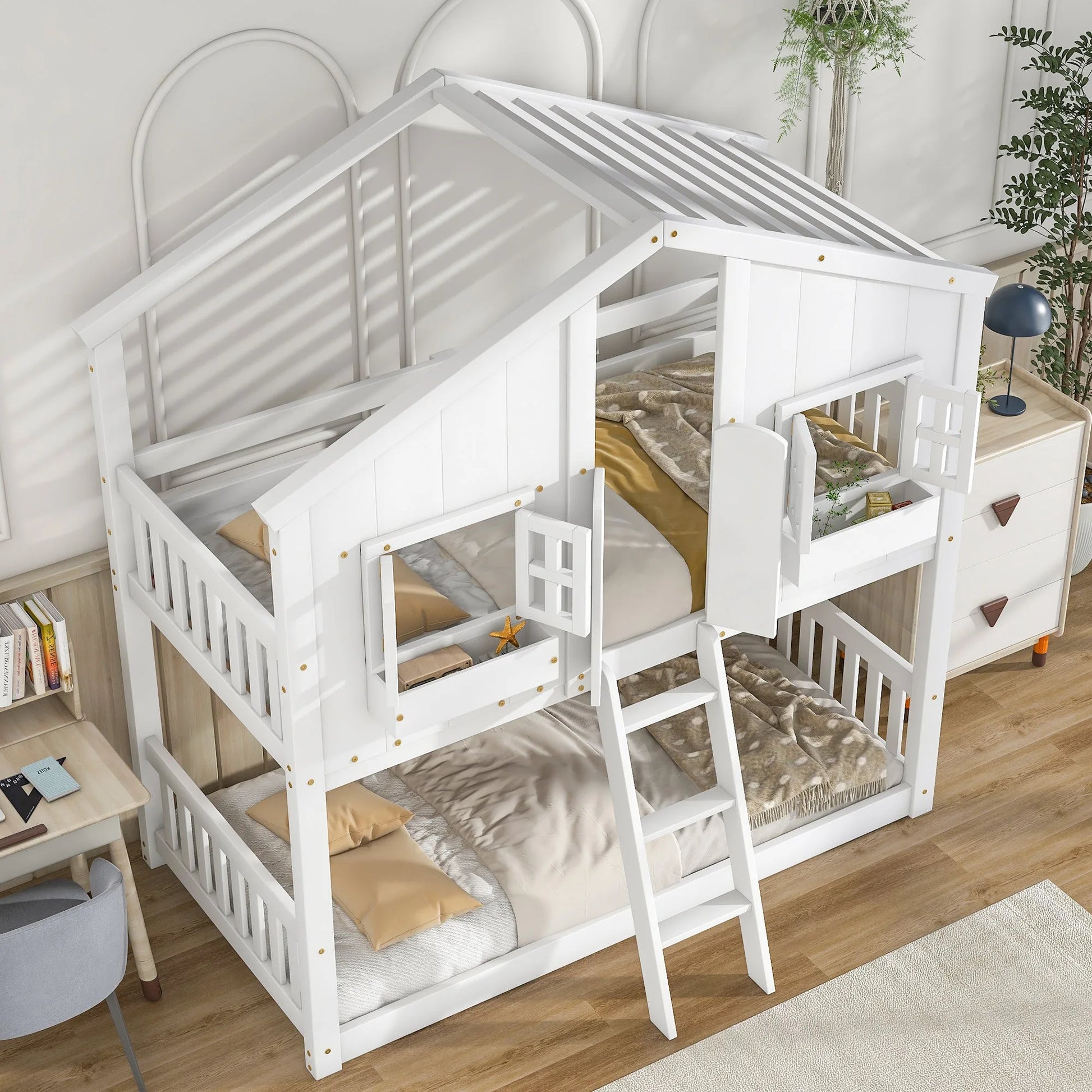 Grey Twin over Twin House Bunk Bed with Roof, Window, Box, and Door - Safety Guardrails and Ladder detail view 27