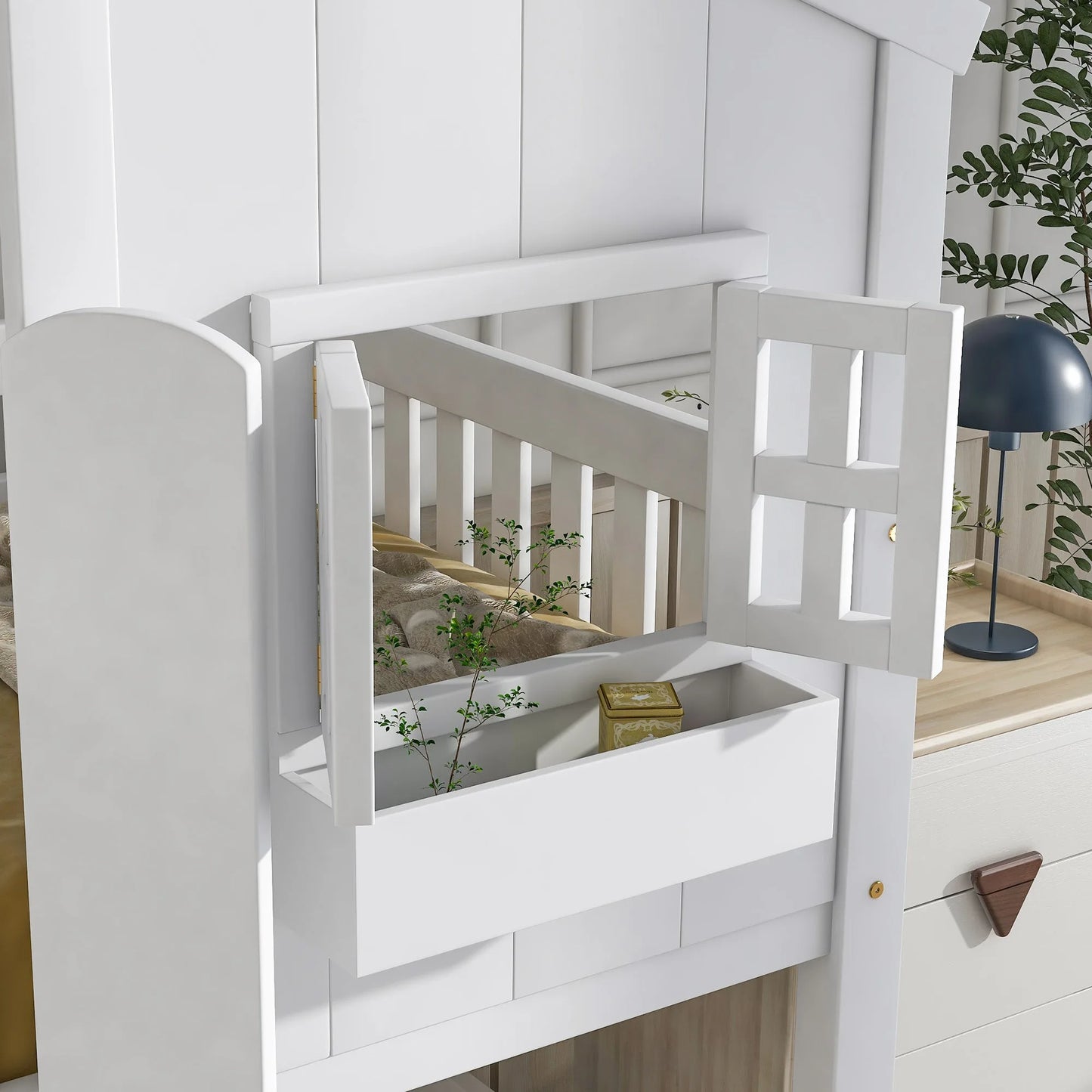 Grey Twin over Twin House Bunk Bed with Roof, Window, Box, and Door - Safety Guardrails and Ladder detail view 28