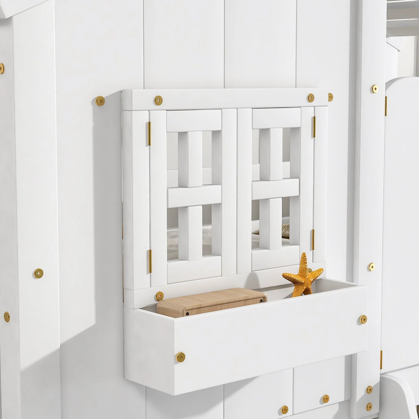 Grey Twin over Twin House Bunk Bed with Roof, Window, Box, and Door - Safety Guardrails and Ladder detail view 29