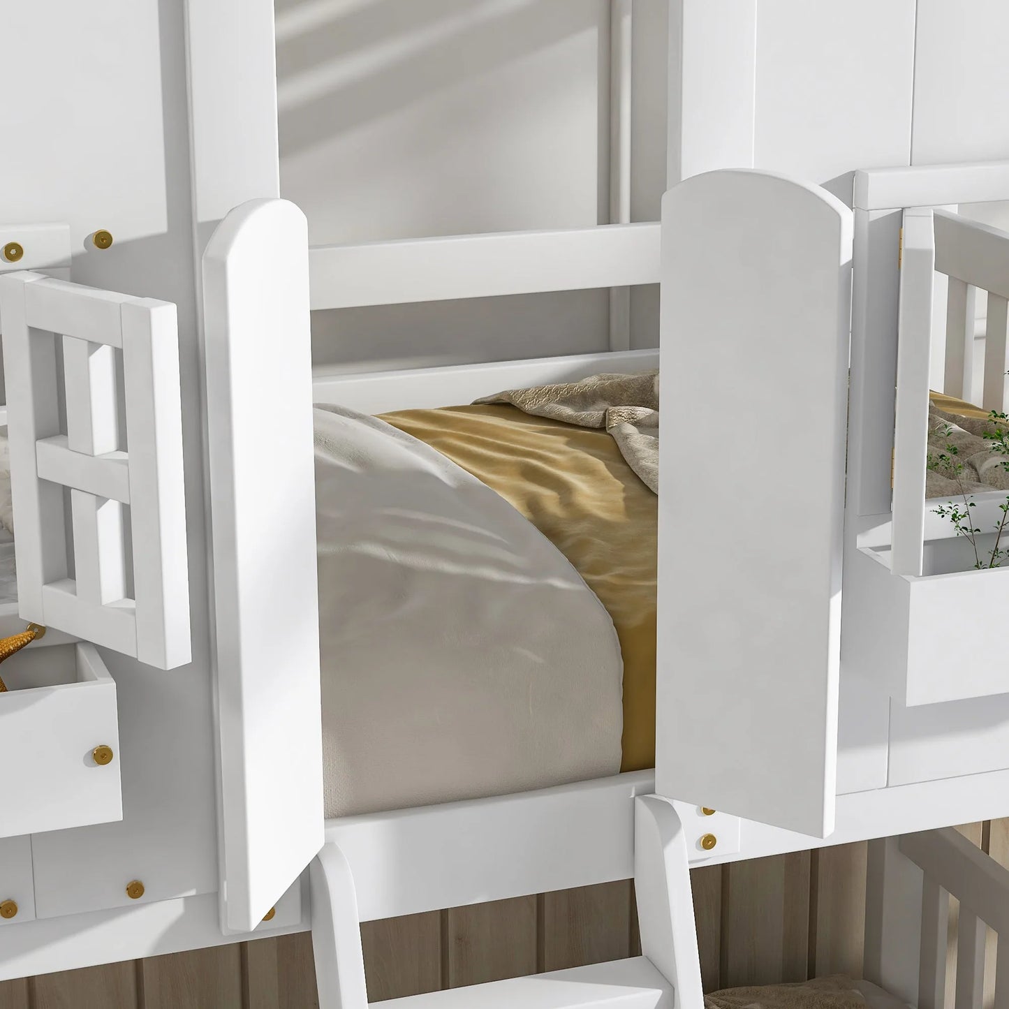 Grey Twin over Twin House Bunk Bed with Roof, Window, Box, and Door - Safety Guardrails and Ladder detail view 30