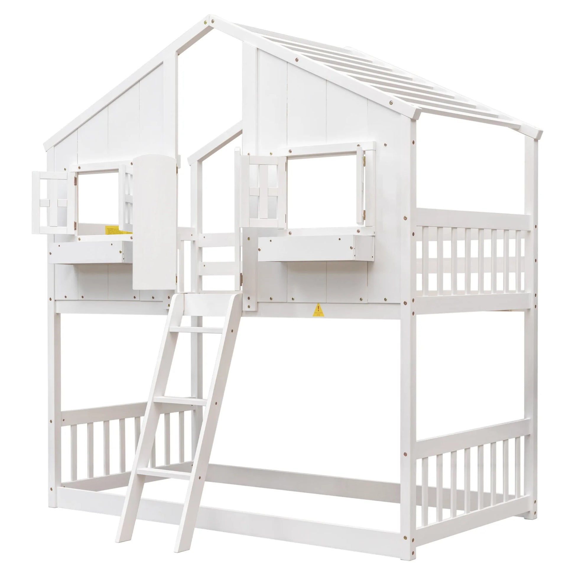 Grey Twin over Twin House Bunk Bed with Roof, Window, Box, and Door - Safety Guardrails and Ladder detail view 31