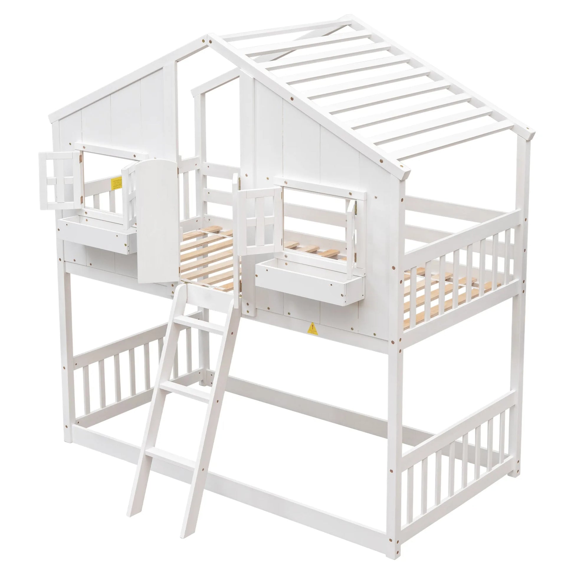 Grey Twin over Twin House Bunk Bed with Roof, Window, Box, and Door - Safety Guardrails and Ladder detail view 36