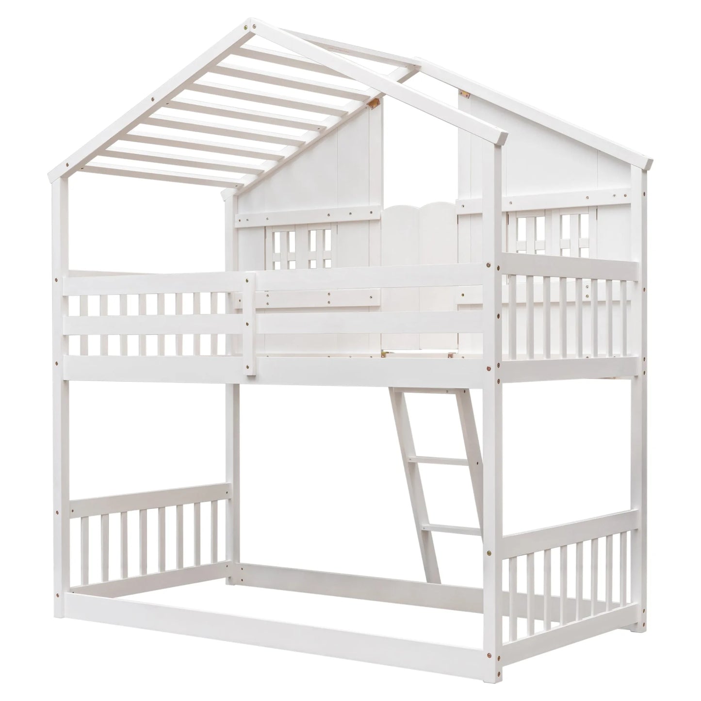 Grey Twin over Twin House Bunk Bed with Roof, Window, Box, and Door - Safety Guardrails and Ladder detail view 37