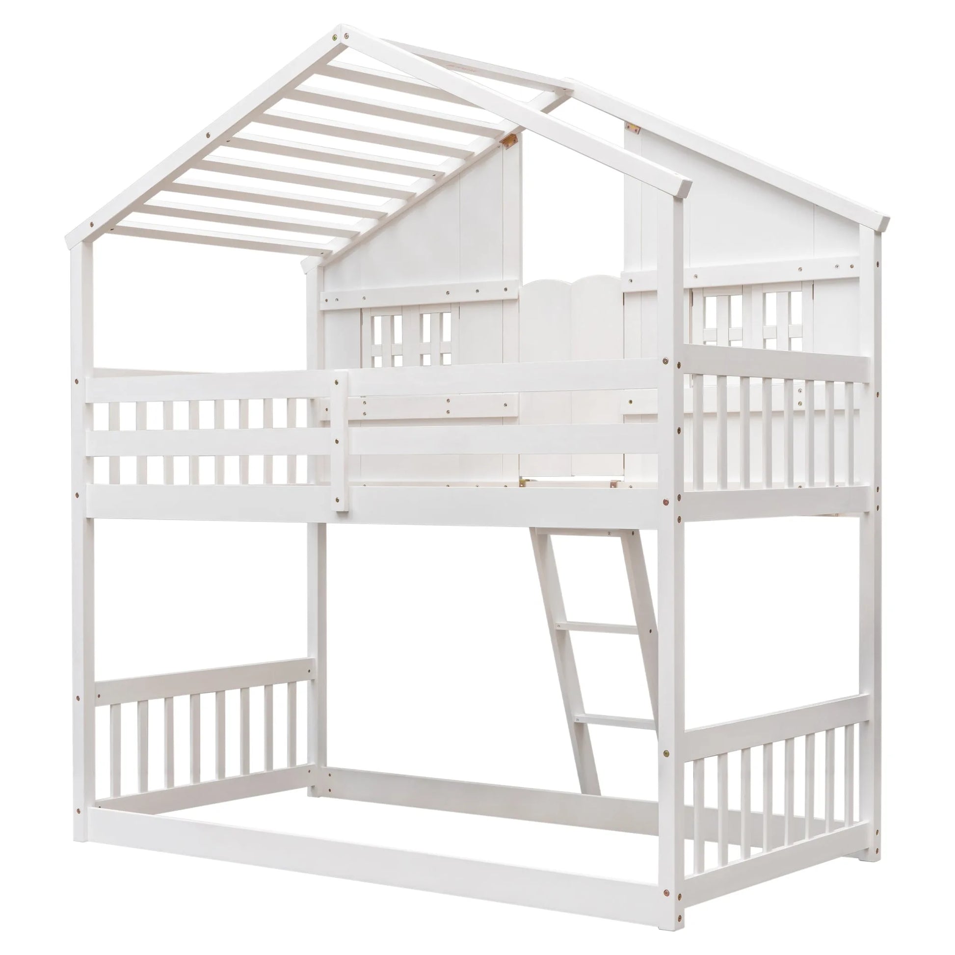 Grey Twin over Twin House Bunk Bed with Roof, Window, Box, and Door - Safety Guardrails and Ladder detail view 37