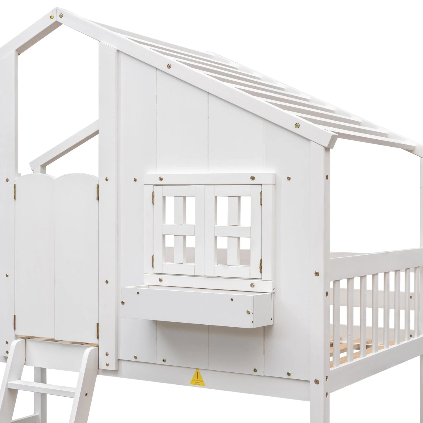 Grey Twin over Twin House Bunk Bed with Roof, Window, Box, and Door - Safety Guardrails and Ladder detail view 38