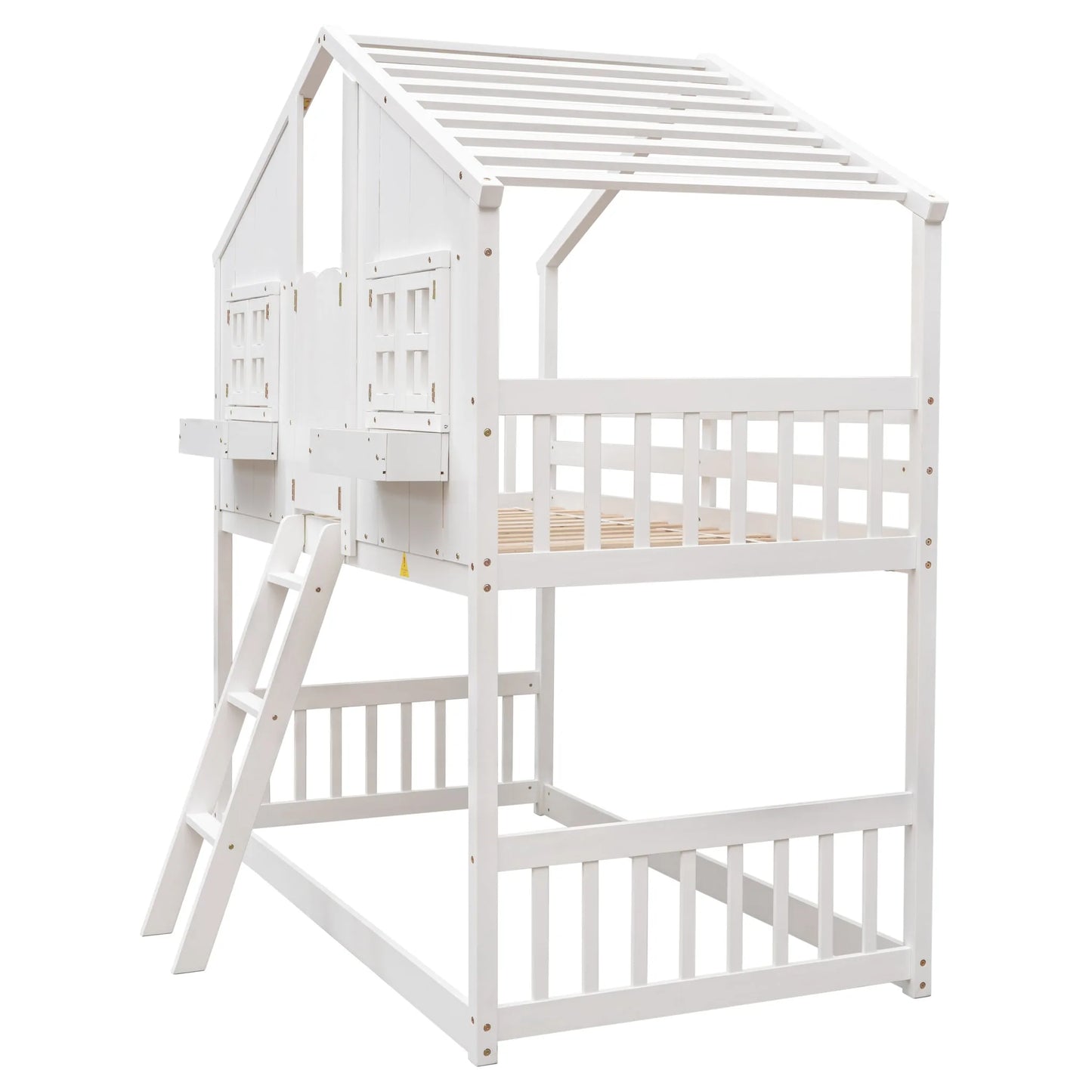 Grey Twin over Twin House Bunk Bed with Roof, Window, Box, and Door - Safety Guardrails and Ladder detail view 40