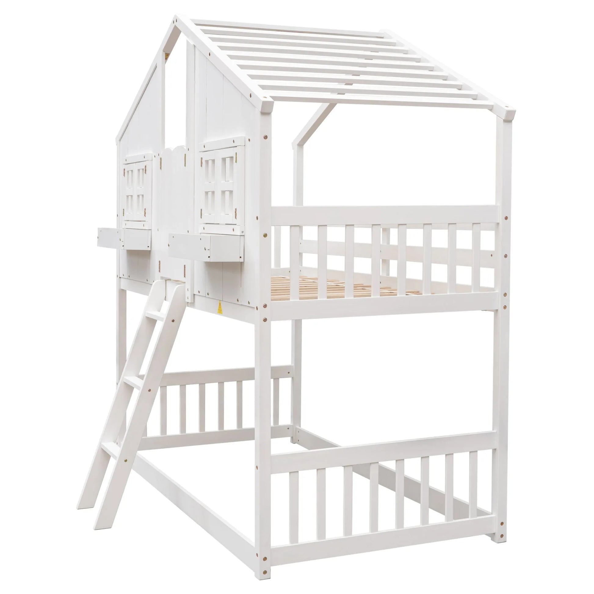 Grey Twin over Twin House Bunk Bed with Roof, Window, Box, and Door - Safety Guardrails and Ladder detail view 40