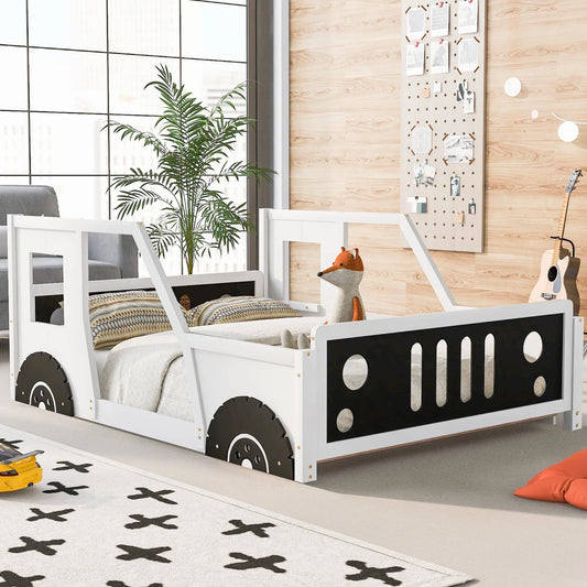 Classic Car-Shaped Full Size Platform Bed with Wheels in White, Pine Wood and MDF Construction lifestyle view
