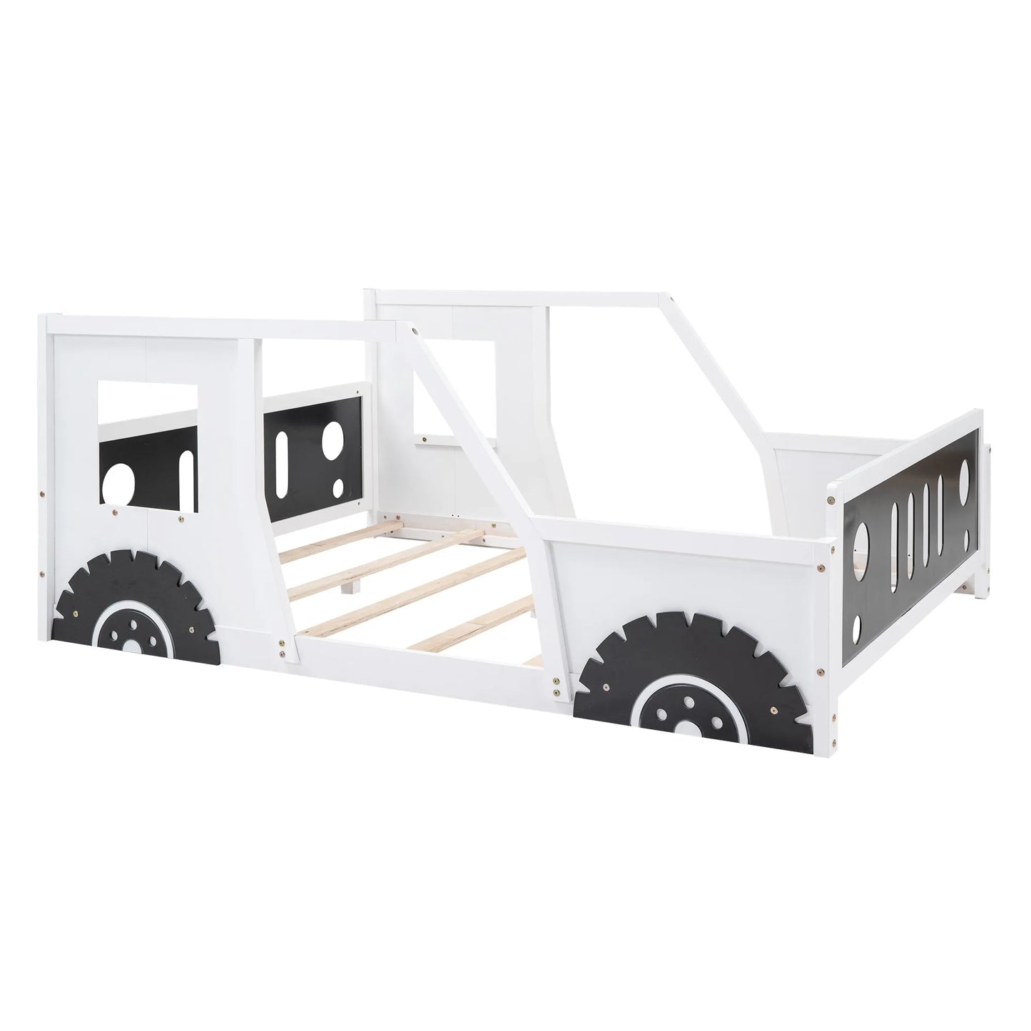 Classic Car-Shaped Full Size Platform Bed with Wheels in White, Pine Wood and MDF Construction detail view 2