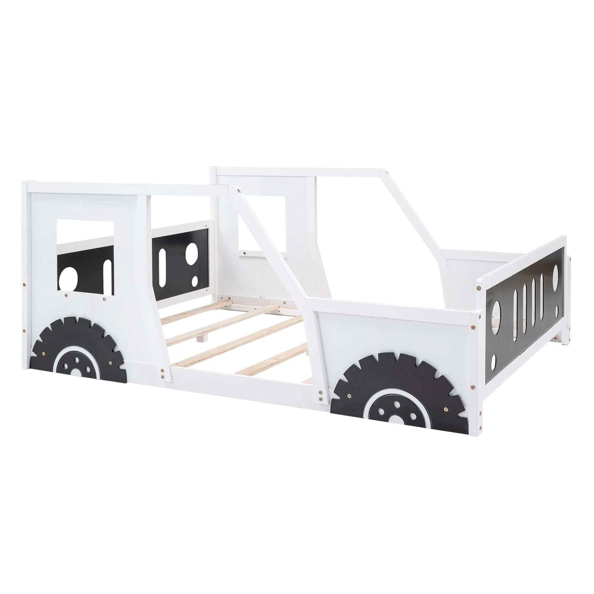 Classic Car-Shaped Full Size Platform Bed with Wheels in White, Pine Wood and MDF Construction detail view 2