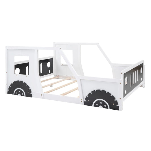 Classic Car-Shaped Full Size Platform Bed with Wheels in White, Pine Wood and MDF Construction detail view 2