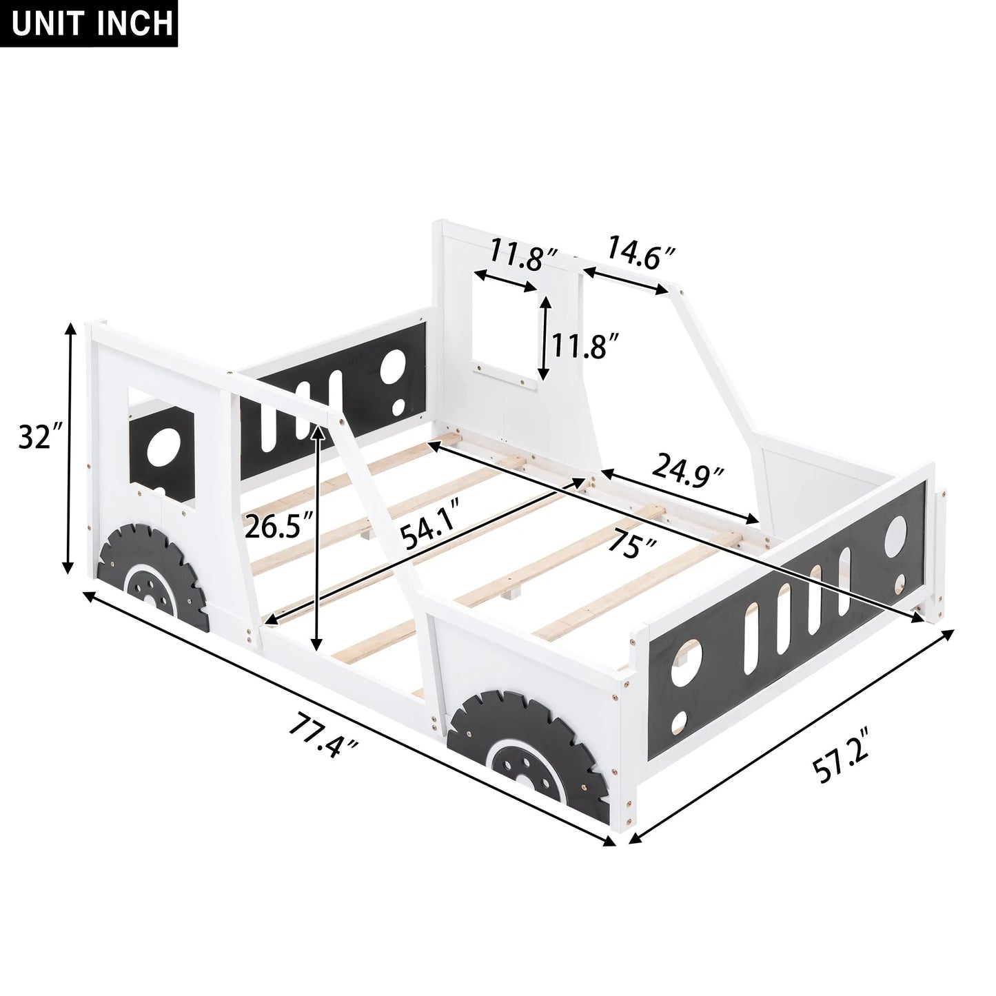 Classic Car-Shaped Full Size Platform Bed with Wheels in White, Pine Wood and MDF Construction detail view 3