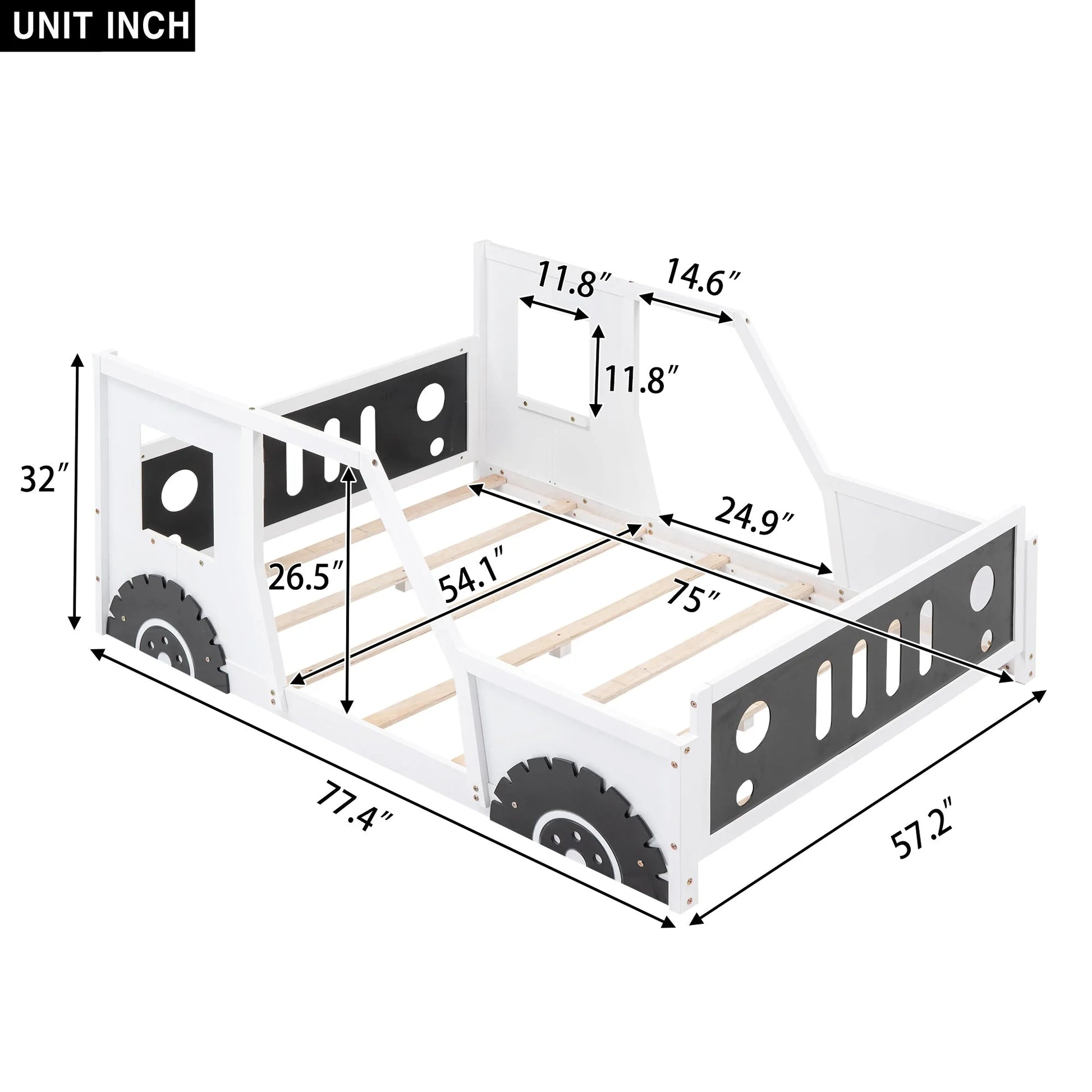 Classic Car-Shaped Full Size Platform Bed with Wheels in White, Pine Wood and MDF Construction detail view 3