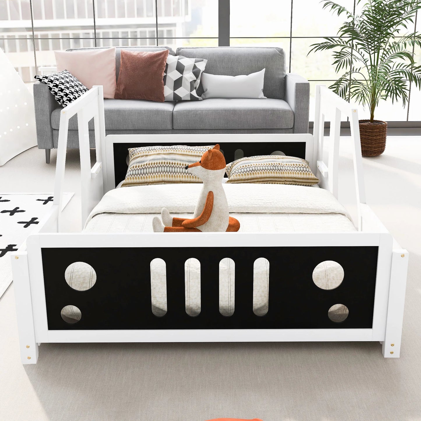 Classic Car-Shaped Full Size Platform Bed with Wheels in White, Pine Wood and MDF Construction detail view 4