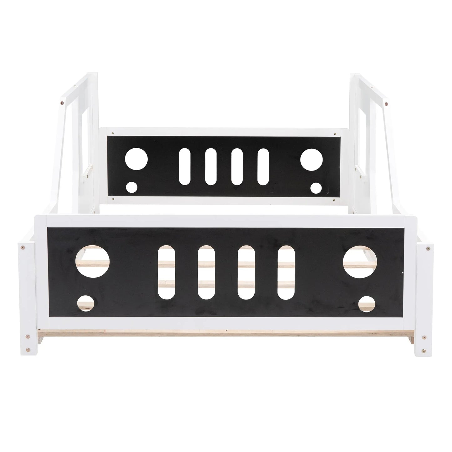 Classic Car-Shaped Full Size Platform Bed with Wheels in White, Pine Wood and MDF Construction detail view 5