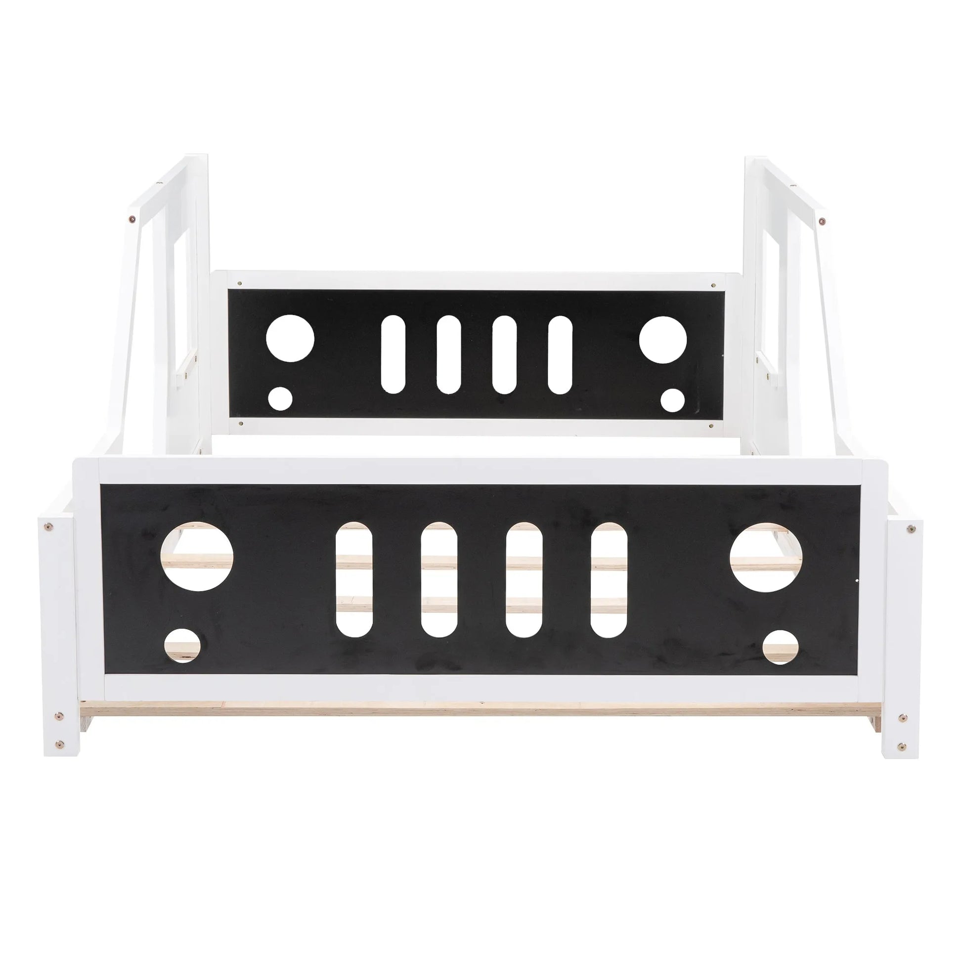 Classic Car-Shaped Full Size Platform Bed with Wheels in White, Pine Wood and MDF Construction detail view 5