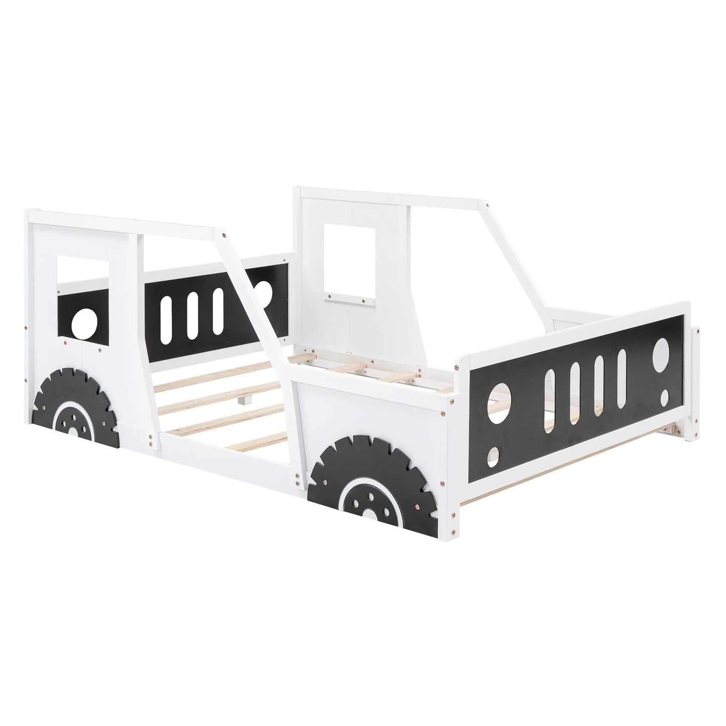 Classic Car-Shaped Full Size Platform Bed with Wheels in White, Pine Wood and MDF Construction detail view 6