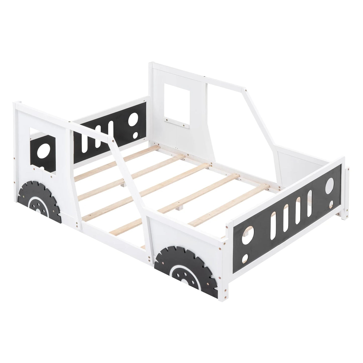 Classic Car-Shaped Full Size Platform Bed with Wheels in White, Pine Wood and MDF Construction detail view 7