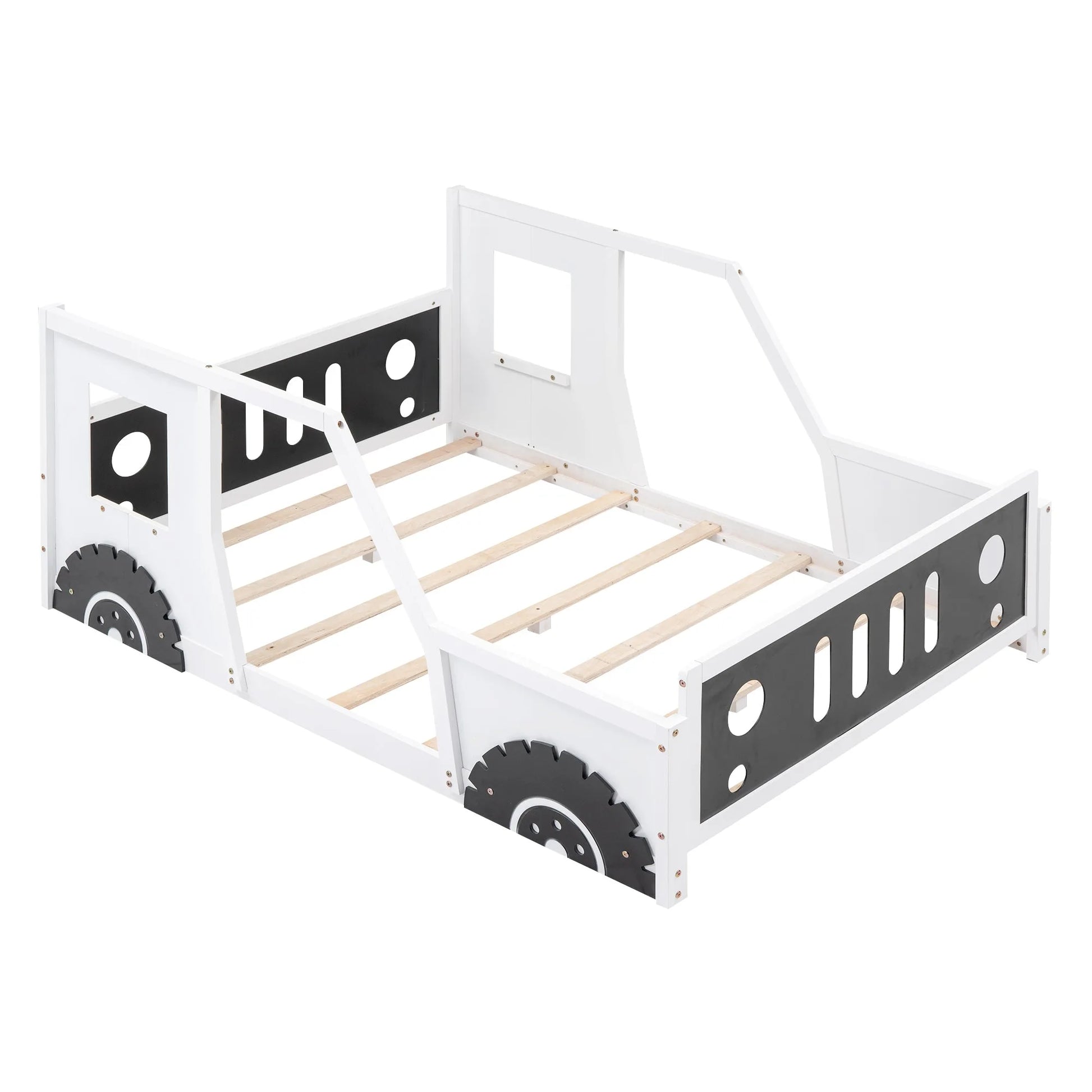 Classic Car-Shaped Full Size Platform Bed with Wheels in White, Pine Wood and MDF Construction detail view 7