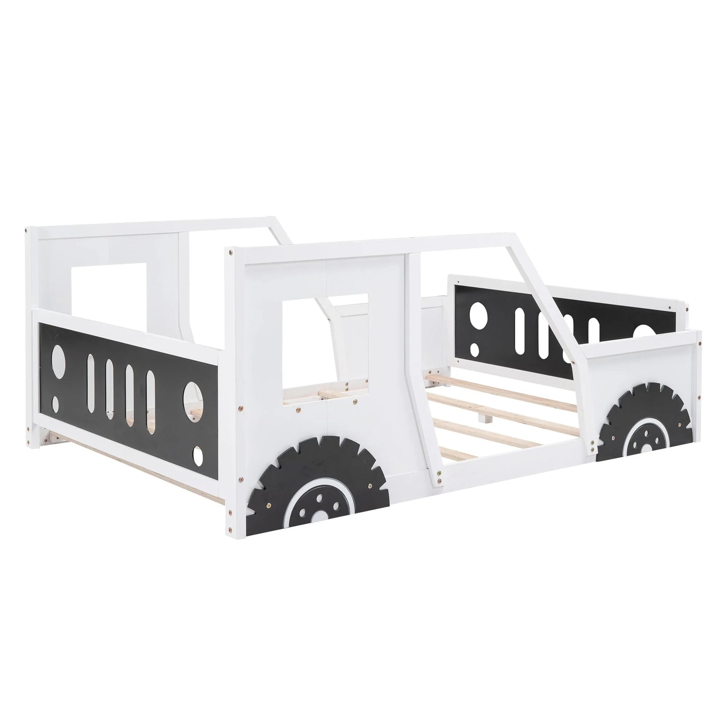 Classic Car-Shaped Full Size Platform Bed with Wheels in White, Pine Wood and MDF Construction detail view 8