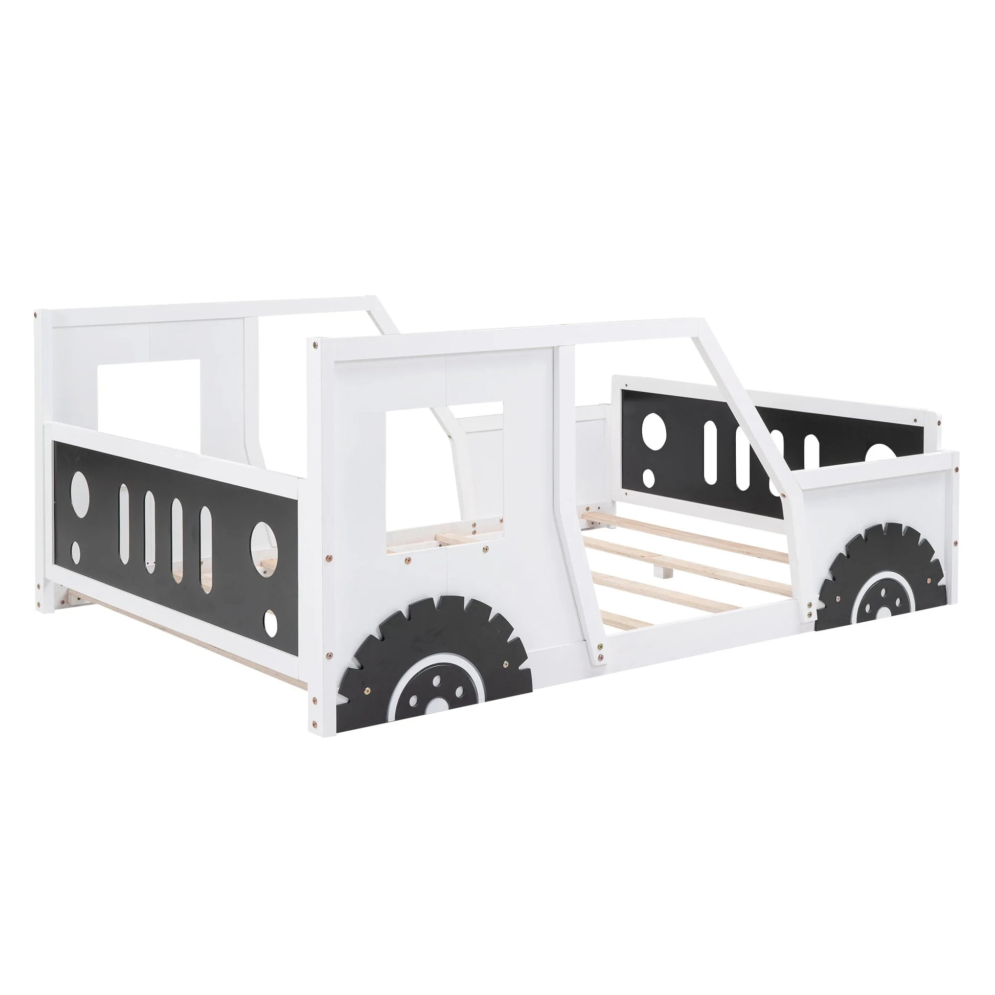Classic Car-Shaped Full Size Platform Bed with Wheels in White, Pine Wood and MDF Construction detail view 8