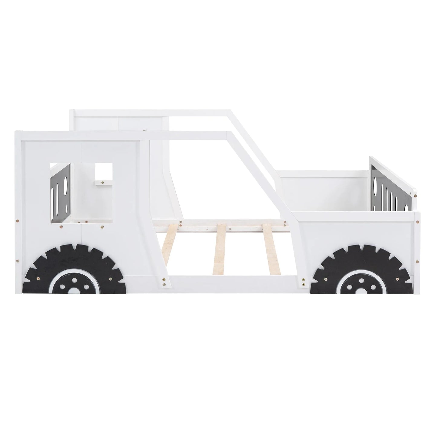 Classic Car-Shaped Full Size Platform Bed with Wheels in White, Pine Wood and MDF Construction detail view 9